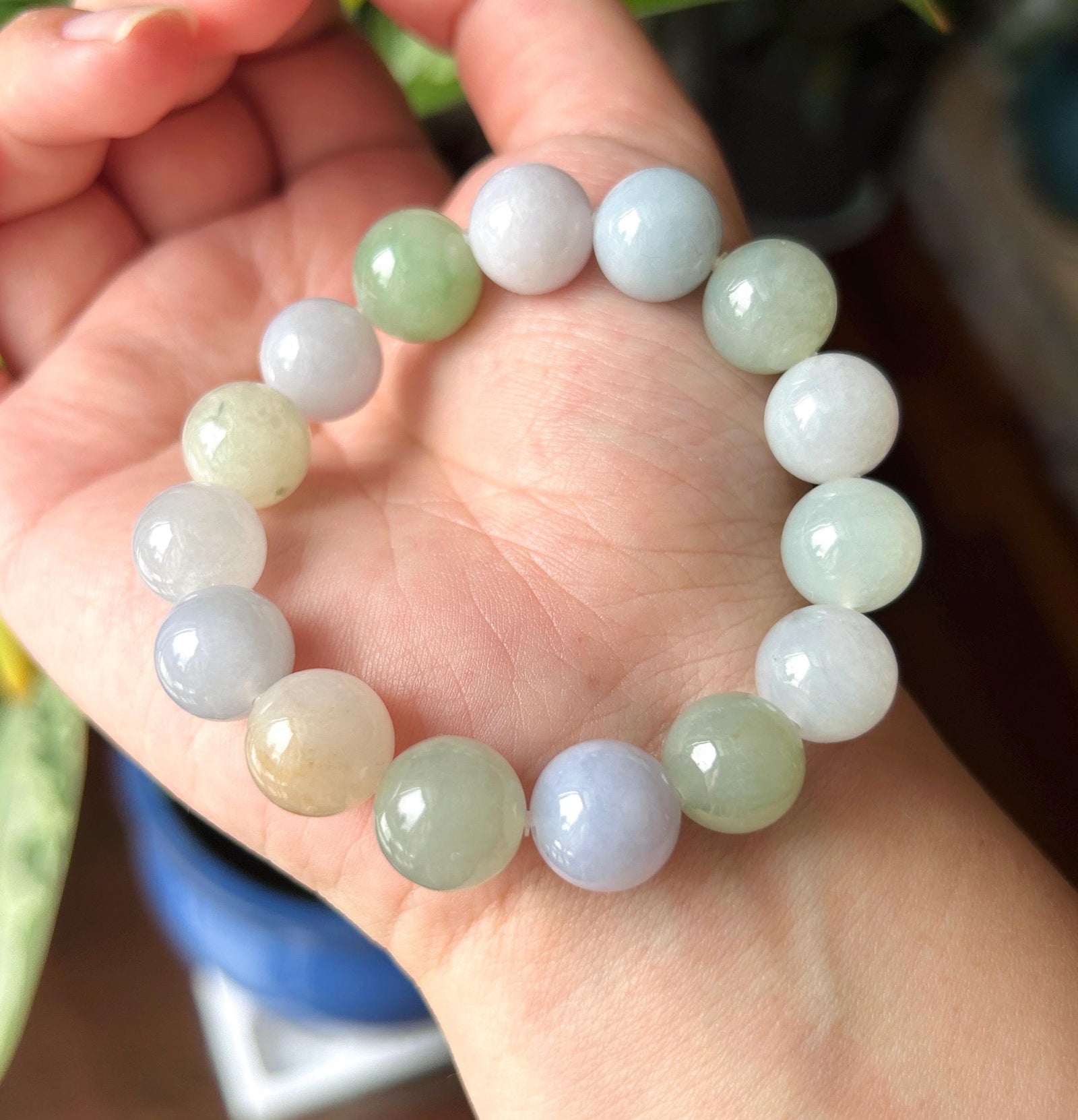 Natural Jadeite Beaded Bracelet, Burmese Type A Fine Translucent Icy Glutinous Macaron Multicolor Jade, 12.5mm