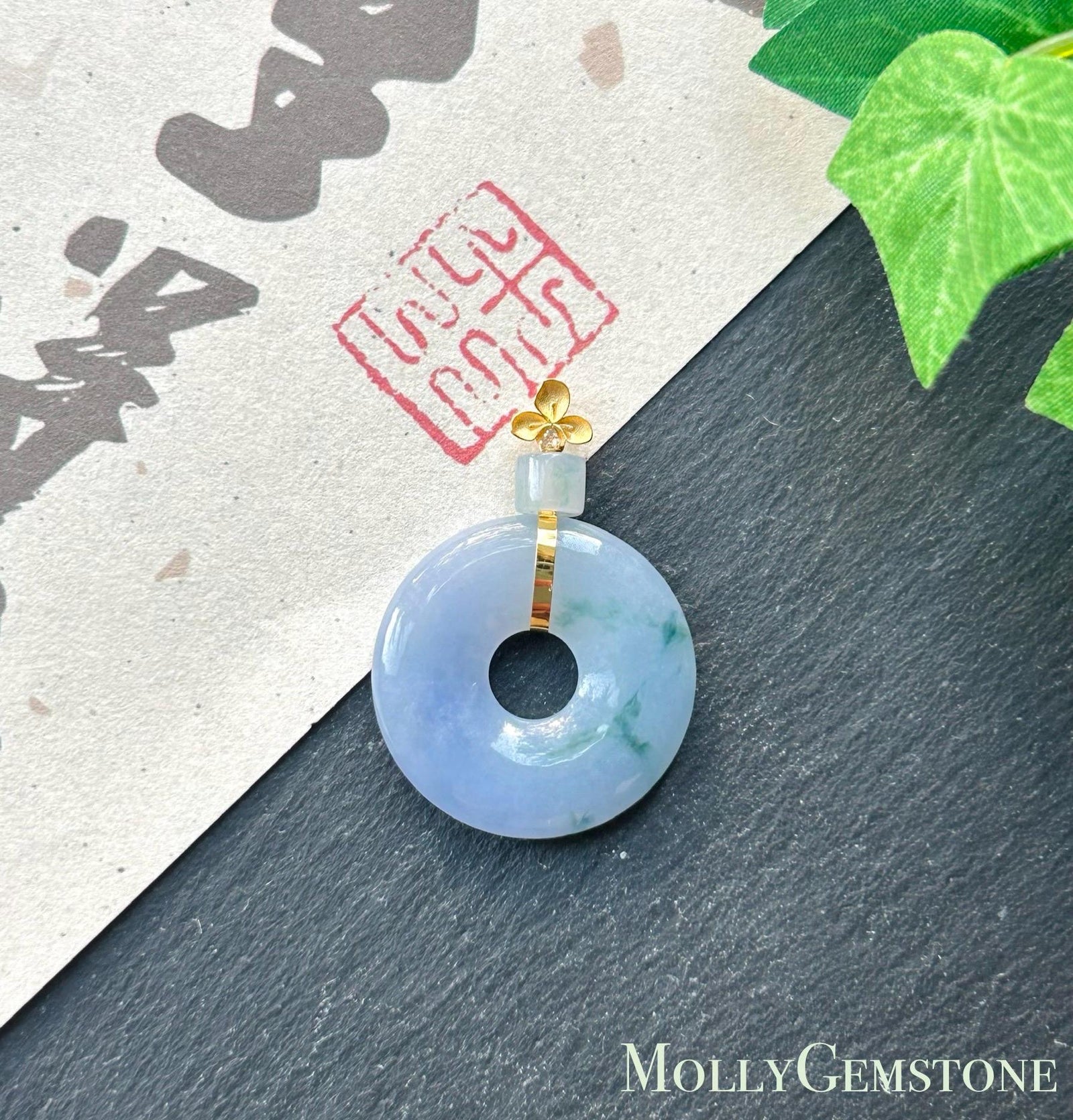 Natural Jadeite Donut Pendant Burmese Type A Icy Translucent Lavender with Blue Floral| Monet Garden Jade| 18k Solid Gold