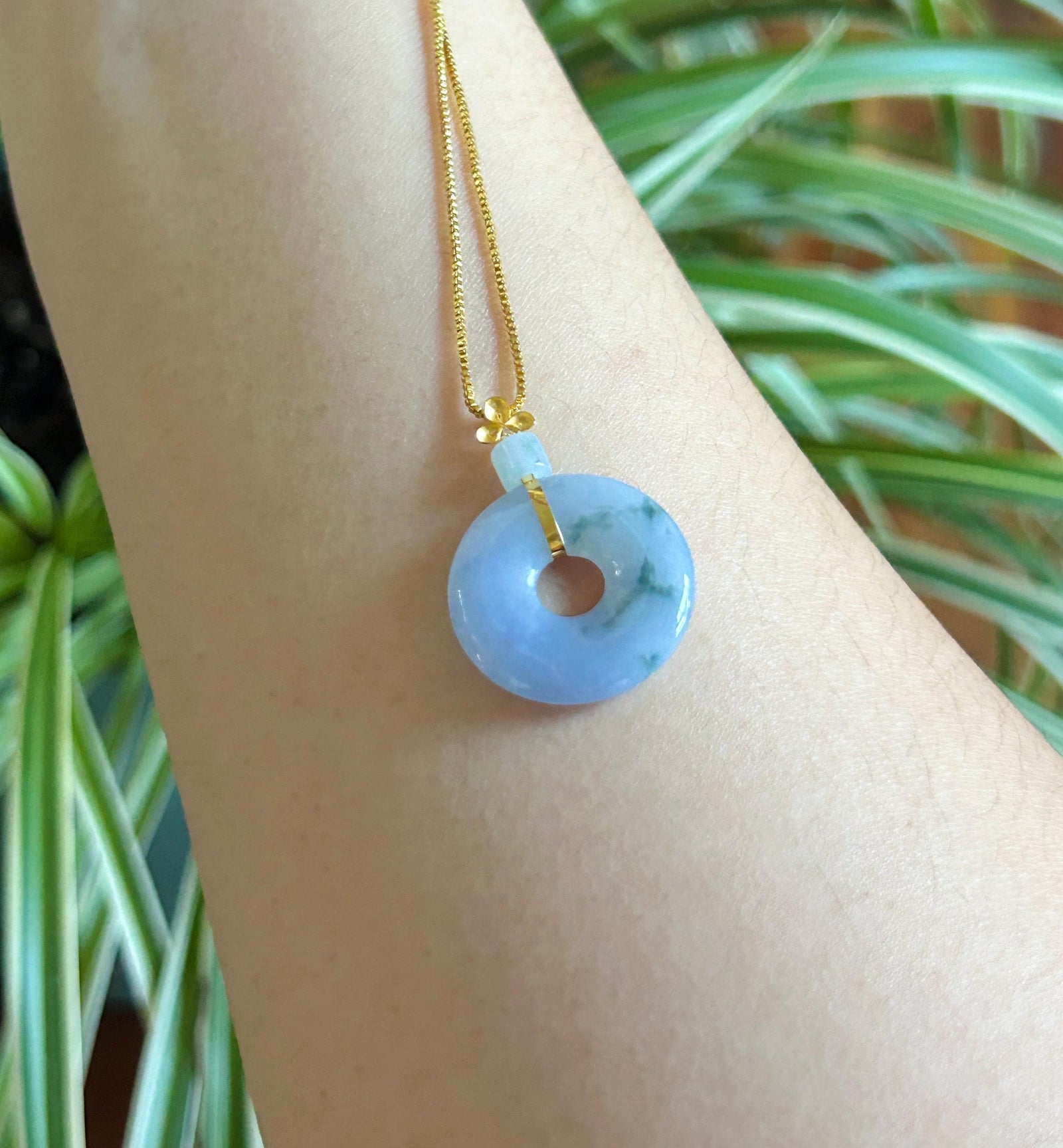 Natural Jadeite Donut Pendant Burmese Type A Icy Translucent Lavender with Blue Floral| Monet Garden Jade| 18k Solid Gold