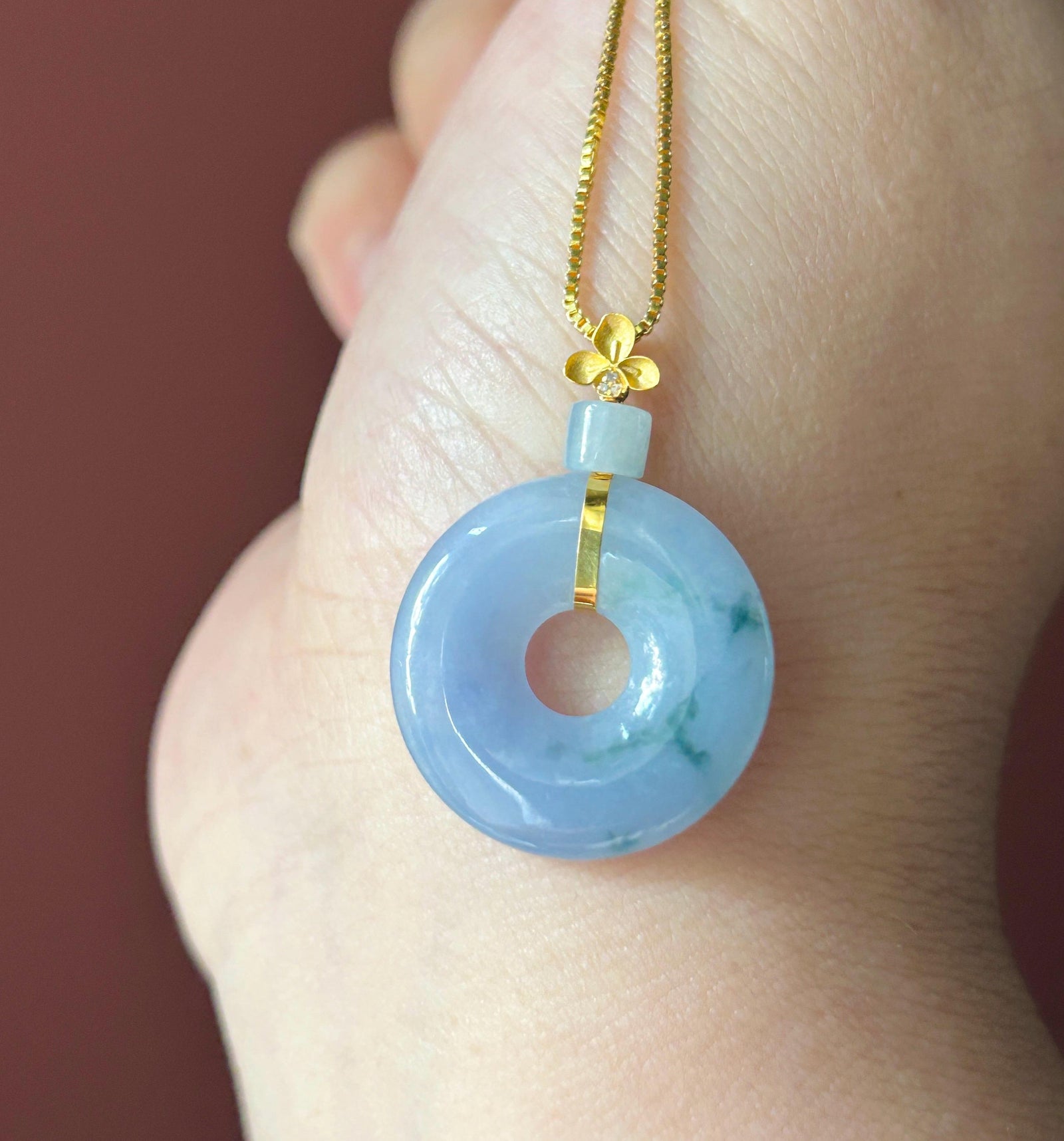 Natural Jadeite Donut Pendant Burmese Type A Icy Translucent Lavender with Blue Floral| Monet Garden Jade| 18k Solid Gold