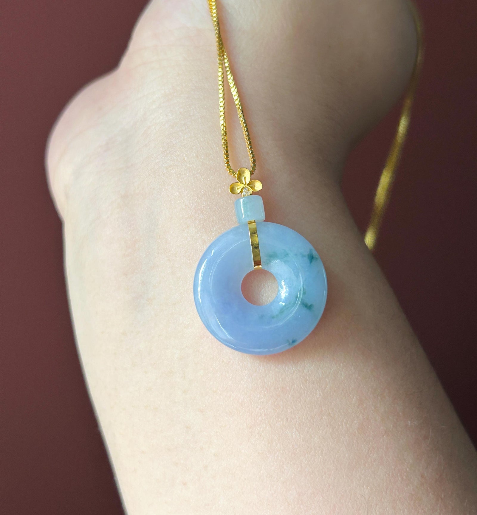 Natural Jadeite Donut Pendant Burmese Type A Icy Translucent Lavender with Blue Floral| Monet Garden Jade| 18k Solid Gold