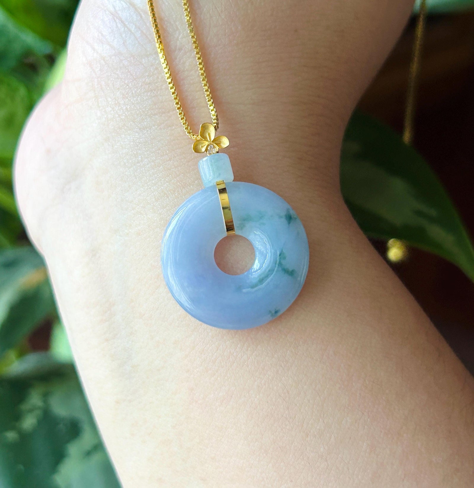 Natural Jadeite Donut Pendant Burmese Type A Icy Translucent Lavender with Blue Floral| Monet Garden Jade| 18k Solid Gold