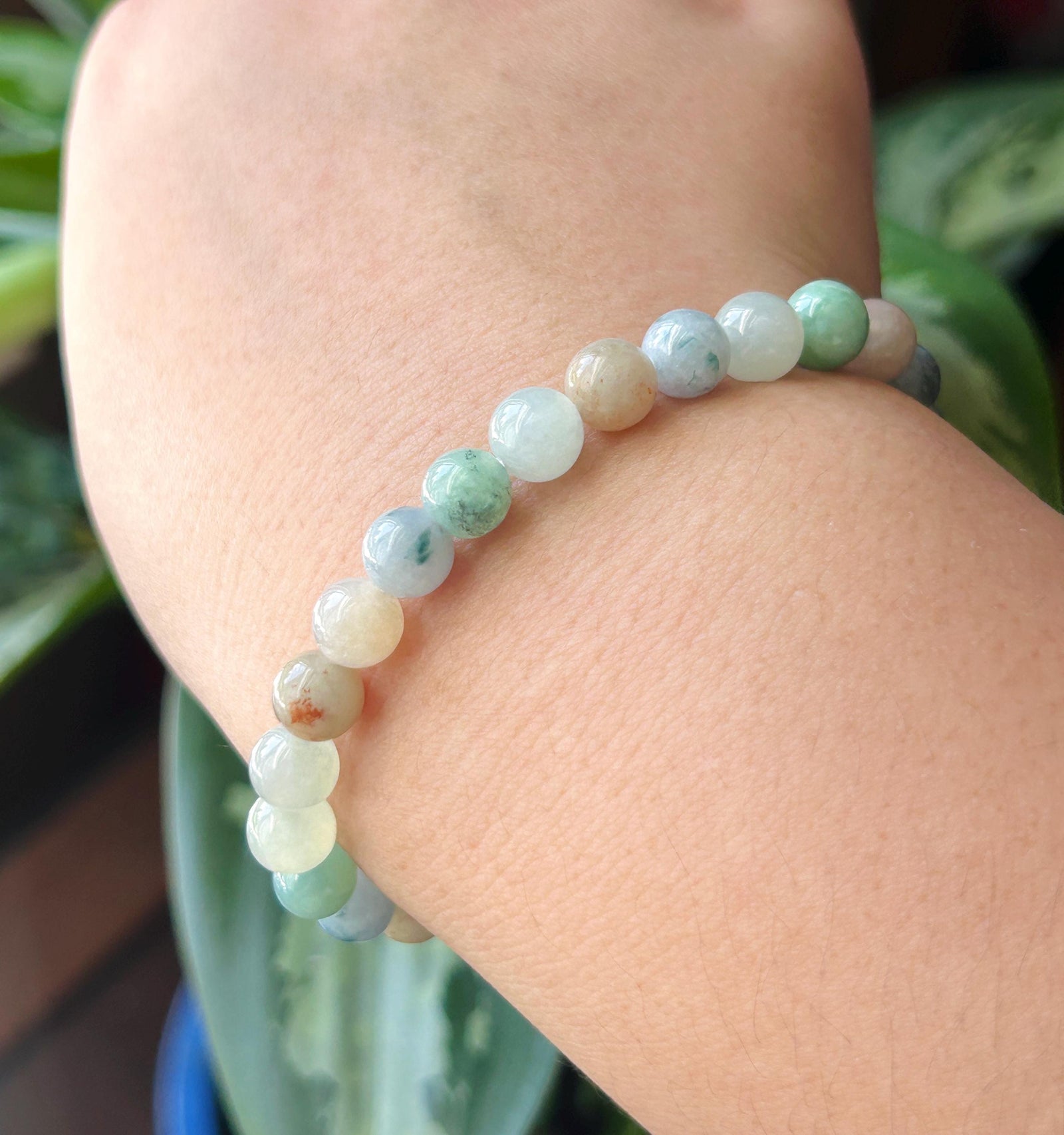 Natural Jadeite Beaded Bracelet Burmese Type A Icy Translucent Multicolor Floral Jade 7mm Minimalist Jewelry
