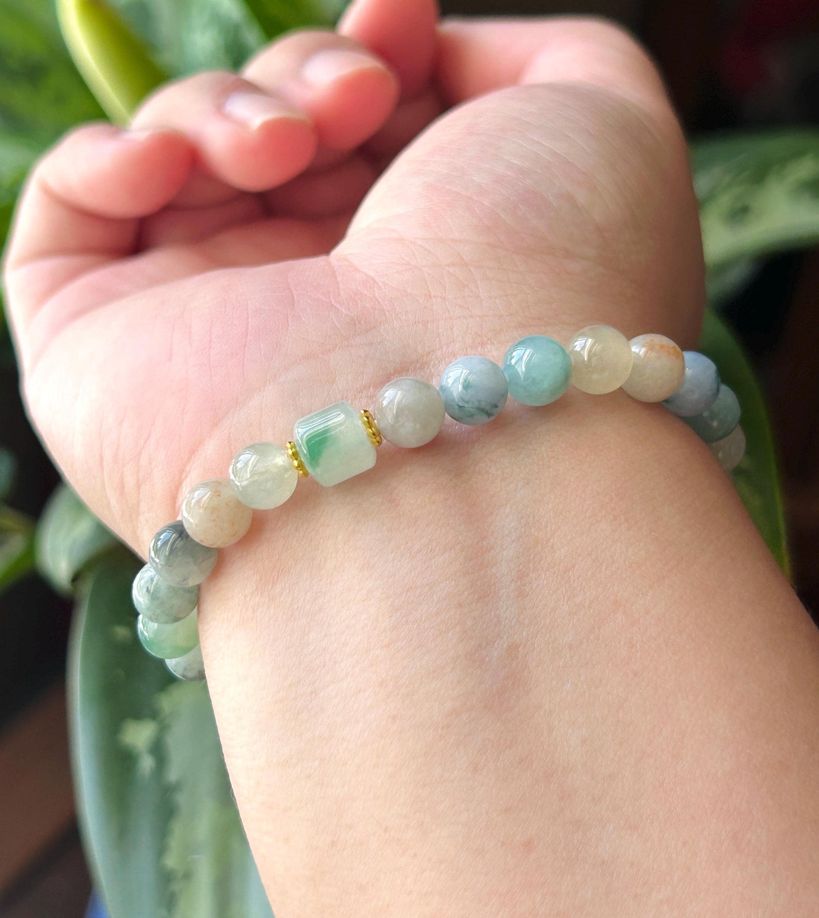 Natural Jadeite Beaded Bracelet Burmese Type A Icy Translucent Multicolor Floral Jade 7mm Minimalist Jewelry