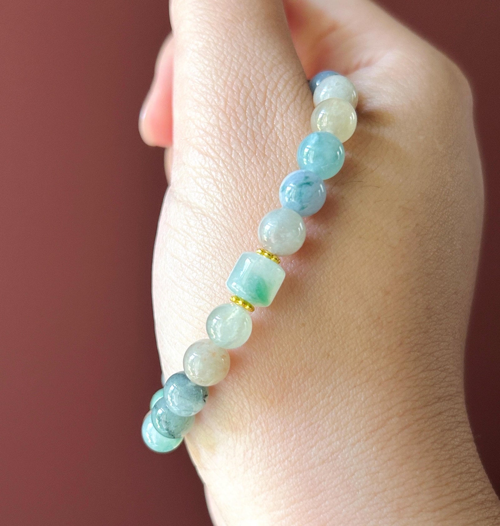 Natural Jadeite Beaded Bracelet Burmese Type A Icy Translucent Multicolor Floral Jade 7mm Minimalist Jewelry