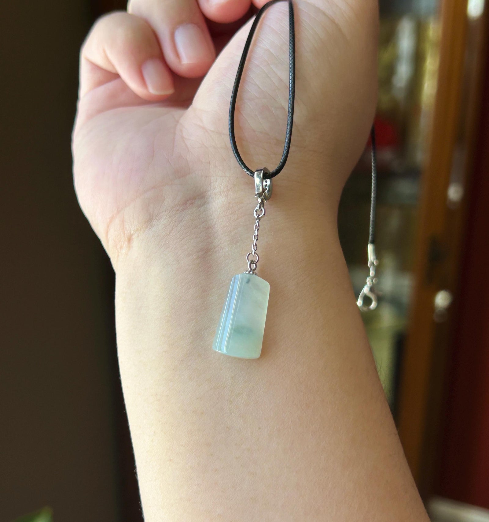 Natural Jadeite Peace Plaque Pendant | Burmese Type A Highly Translucent Icy Light Blue Floral Jade, 925 Sterling Silver, Minimalist Jewelry