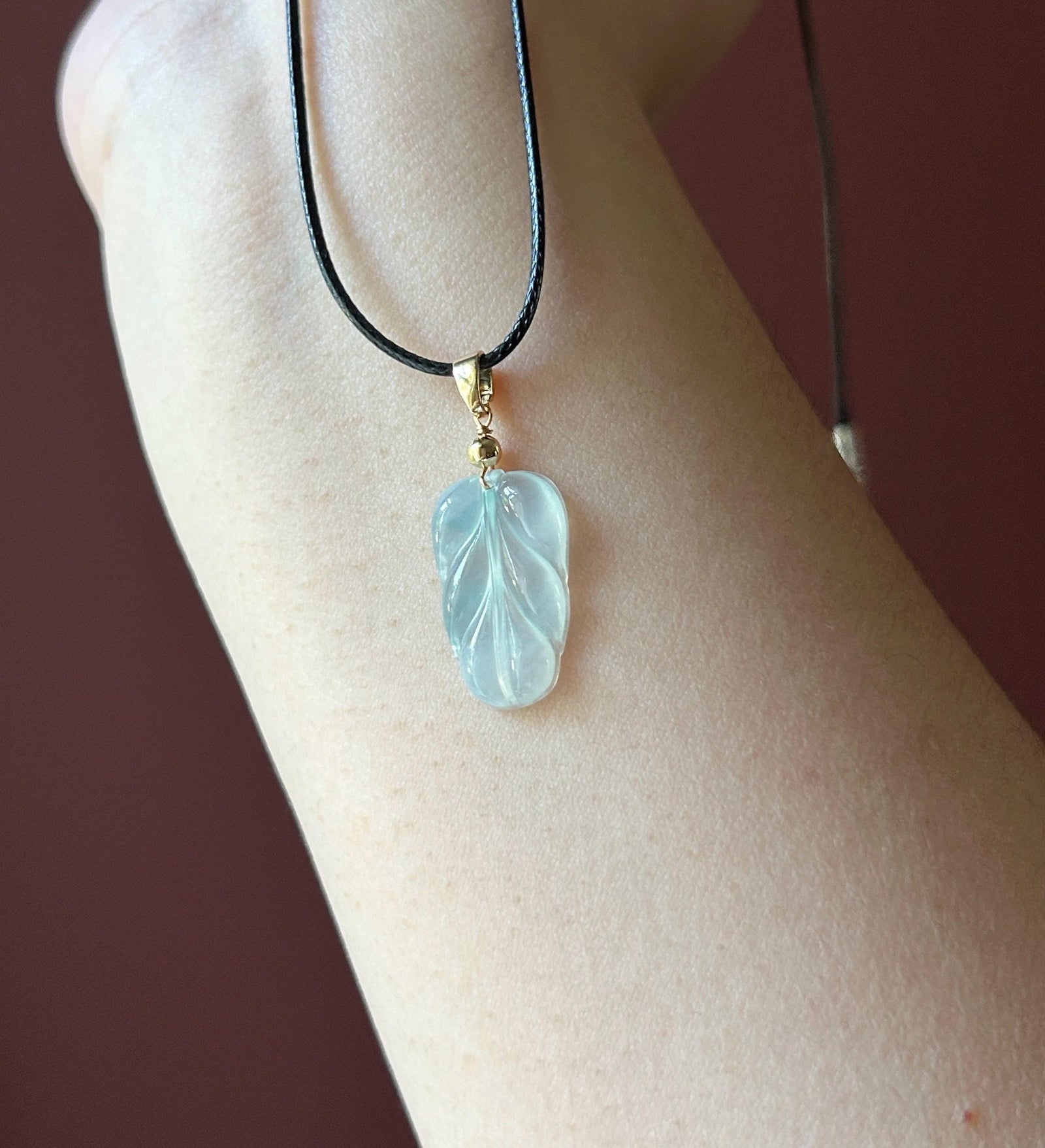 Natural Jadeite Leaf Pendant | Burmese Type A Highly Translucent Icy Blue Floral Jade, Minimalist Jewelry