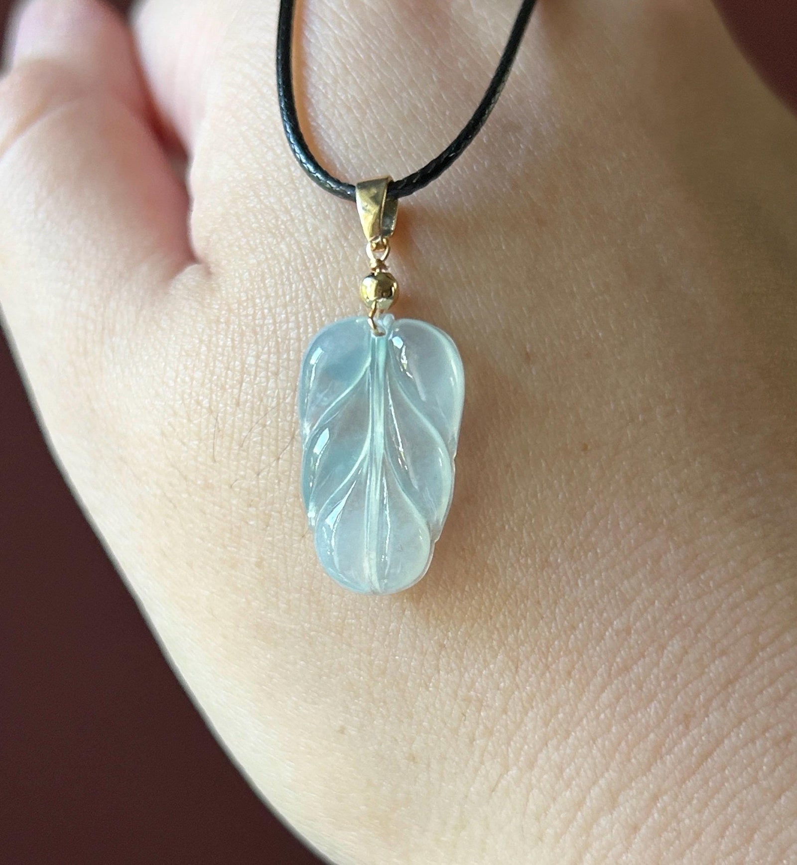 Natural Jadeite Leaf Pendant | Burmese Type A Highly Translucent Icy Blue Floral Jade, Minimalist Jewelry