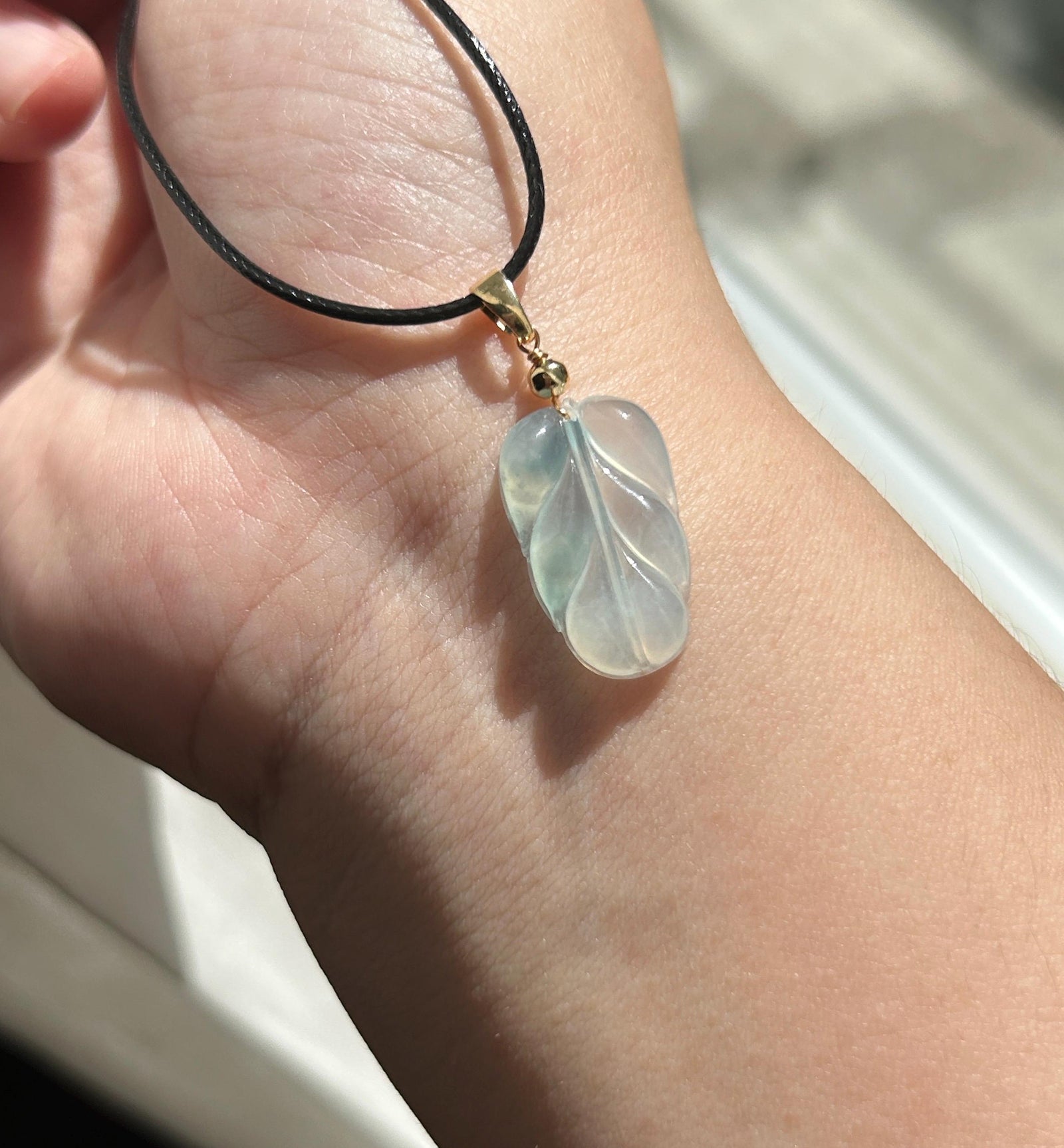 Natural Jadeite Leaf Pendant | Burmese Type A Highly Translucent Icy Blue Floral Jade, Minimalist Jewelry