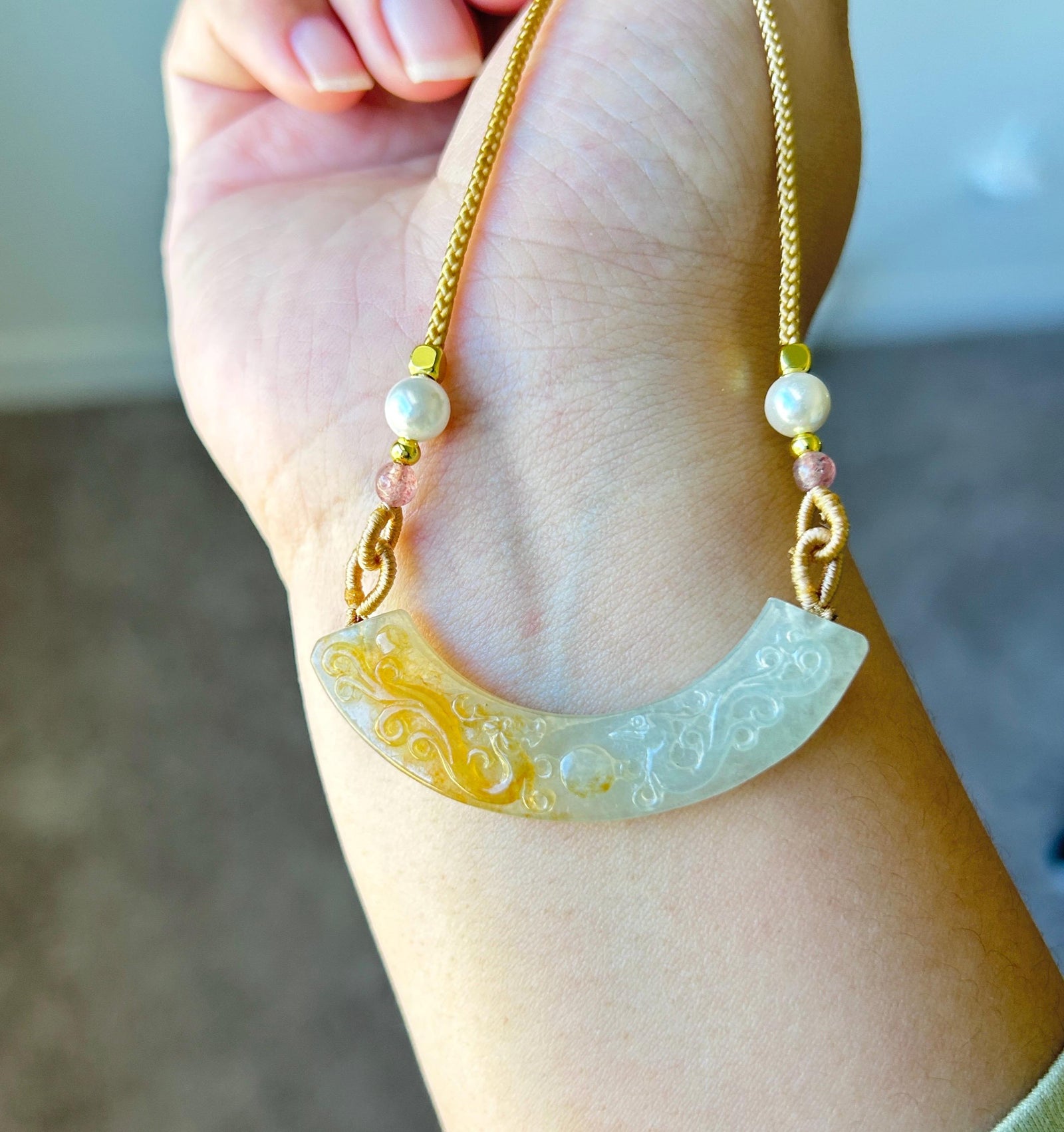 Natural Jadeite Double Dragon & Pearl Pendant Adjustable Necklace Burmese Type A Unheated Translucent Icy Pale Green and Honey Yellow Jade