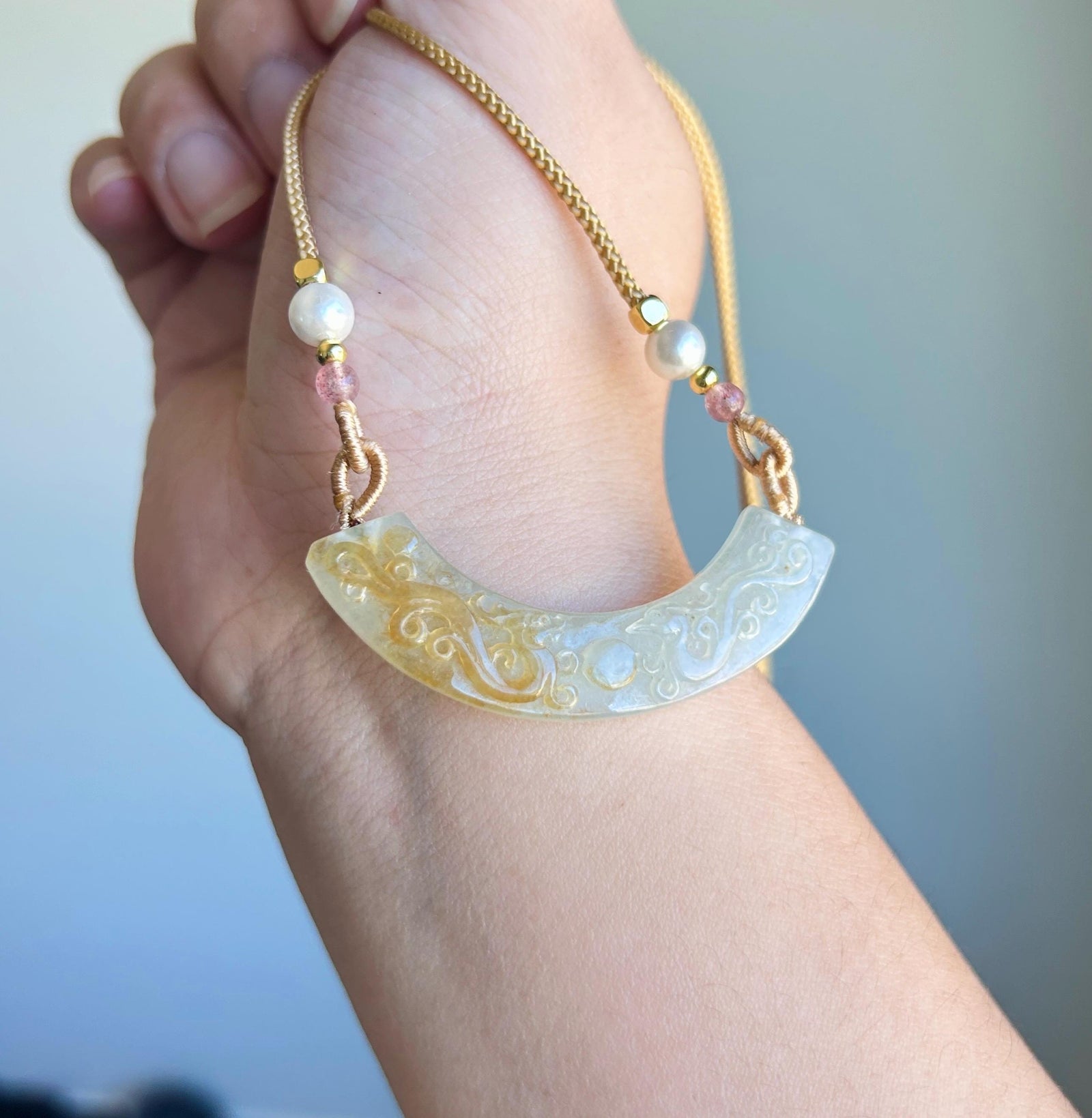 Natural Jadeite Double Dragon & Pearl Pendant Adjustable Necklace Burmese Type A Unheated Translucent Icy Pale Green and Honey Yellow Jade