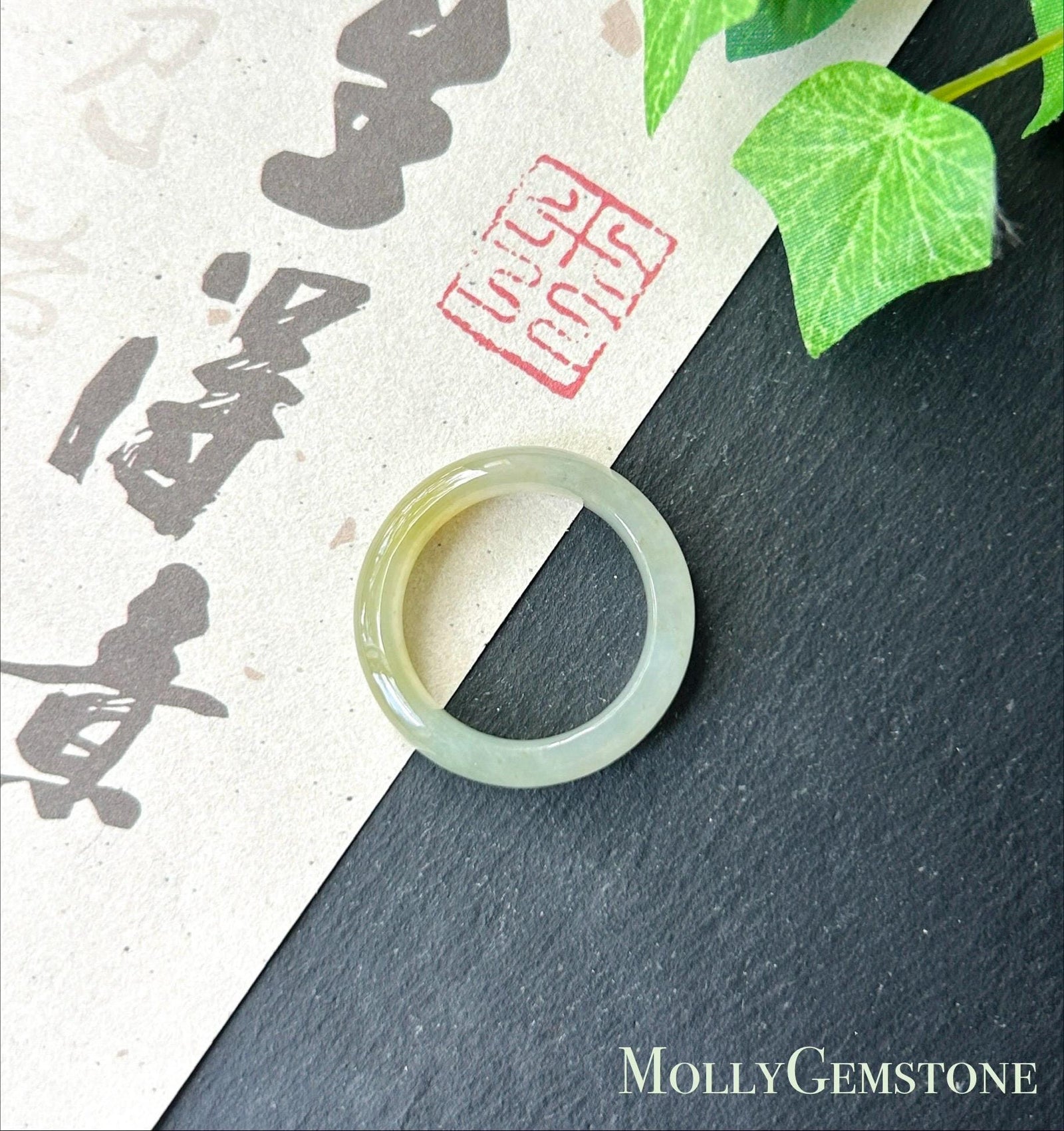 Natural Jadeite Ring Band | Burmese Type A Translucent Icy Glutinous Light Green & Tea Yellow Gradient Color | US Size 8/9