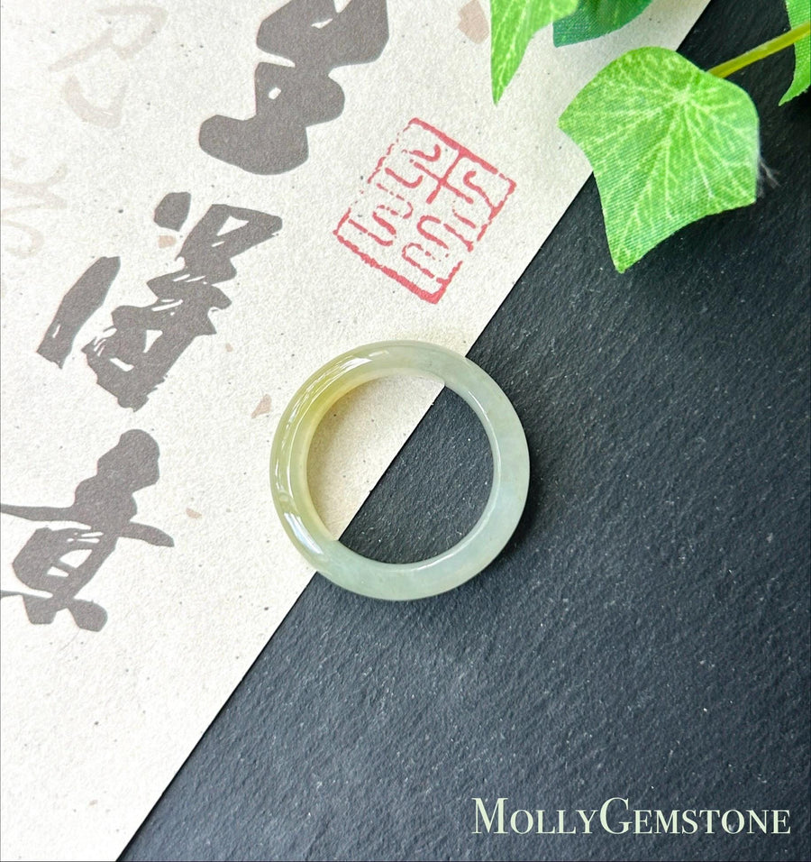 Natural Jadeite Ring Band | Burmese Type A Translucent Icy Glutinous Light Green & Tea Yellow Gradient Color | US Size 8/9