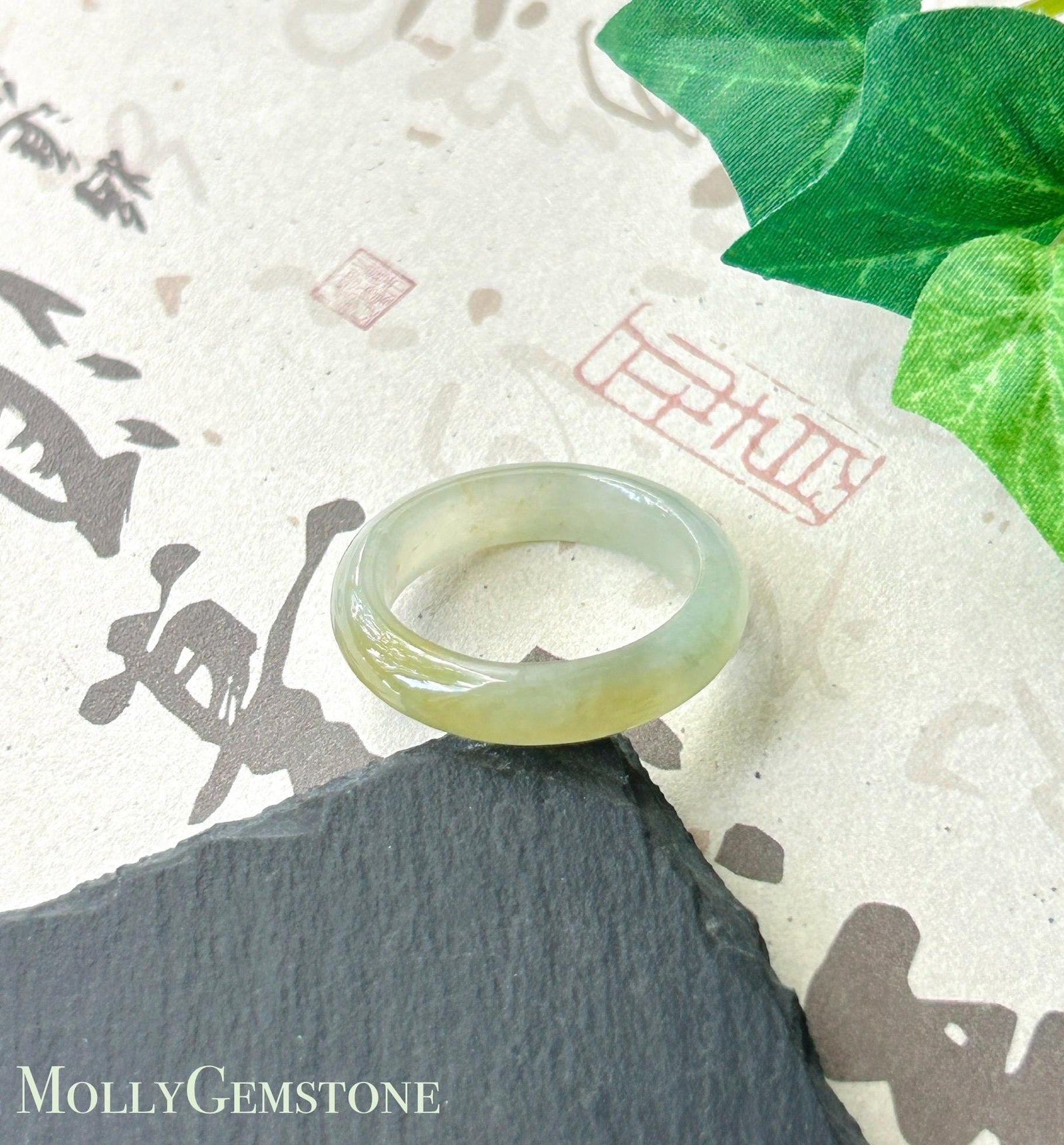 Natural Jadeite Ring Band | Burmese Type A Translucent Icy Glutinous Light Green & Tea Yellow Gradient Color | US Size 8/9
