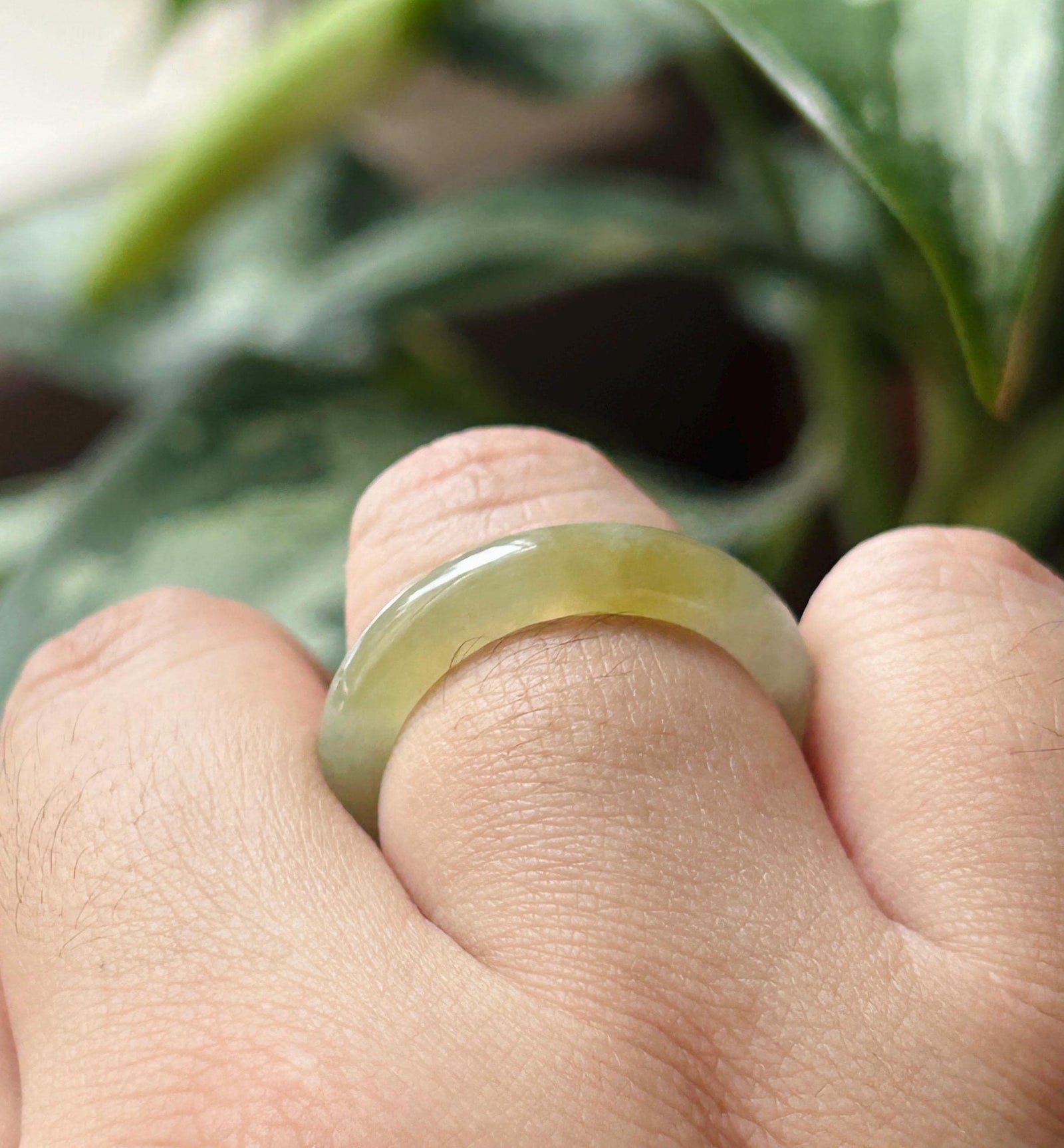 Natural Jadeite Ring Band | Burmese Type A Translucent Icy Glutinous Light Green & Tea Yellow Gradient Color | US Size 8/9