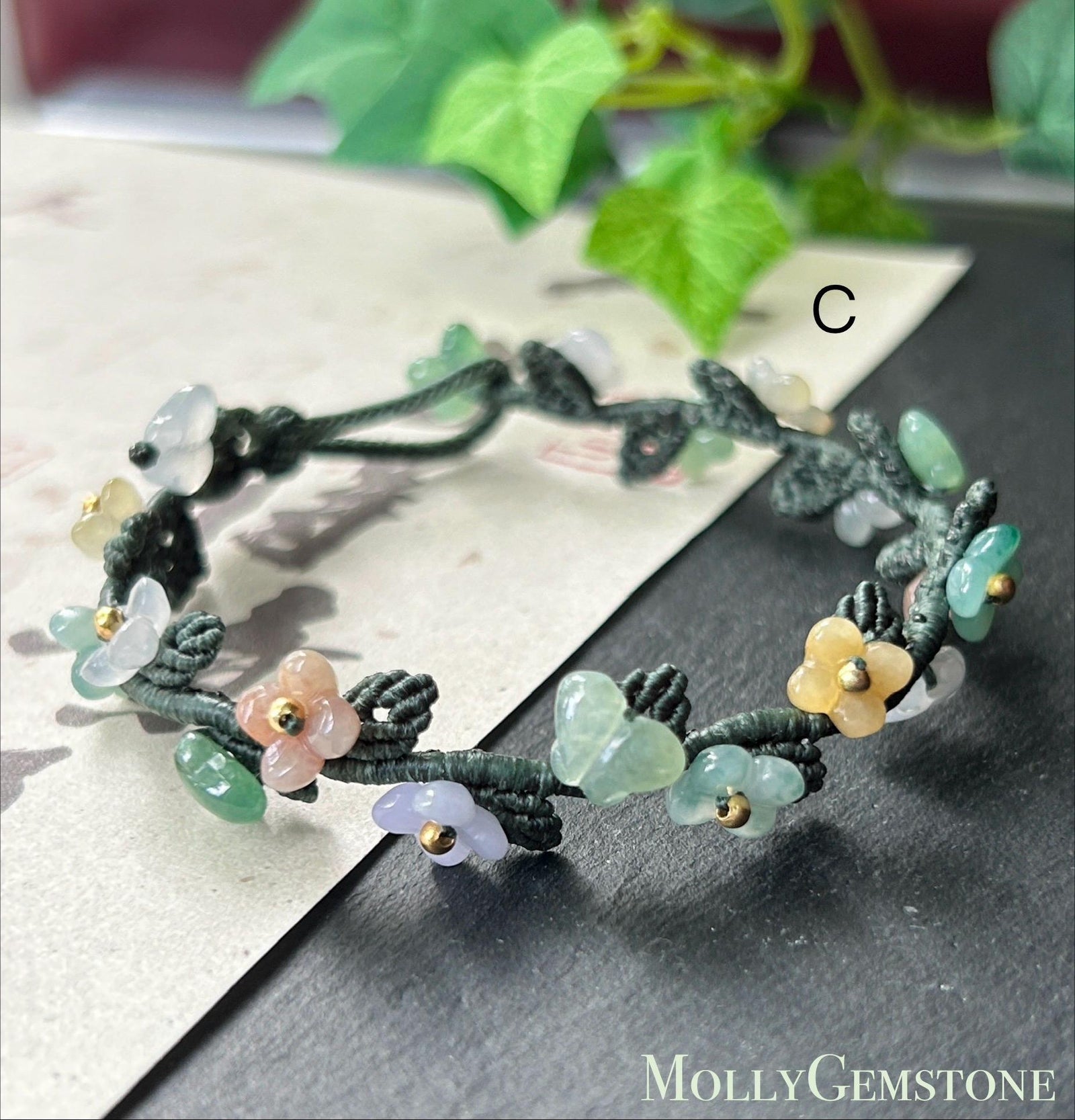 Natural Jadeite Butterfly Flower Bracelet Burmese Type A Highly Translucent Icy Multicolor Jade | Handwoven Artisan Botanical Jewelry