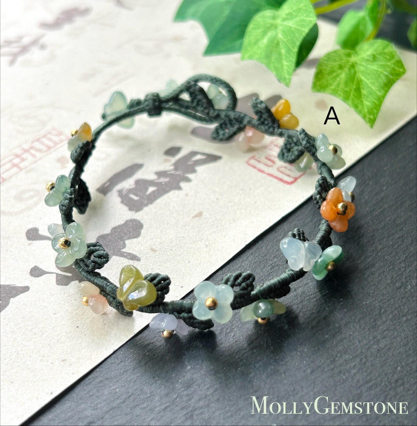 Natural Jadeite Butterfly Flower Bracelet Burmese Type A Highly Translucent Icy Multicolor Jade | Handwoven Artisan Botanical Jewelry