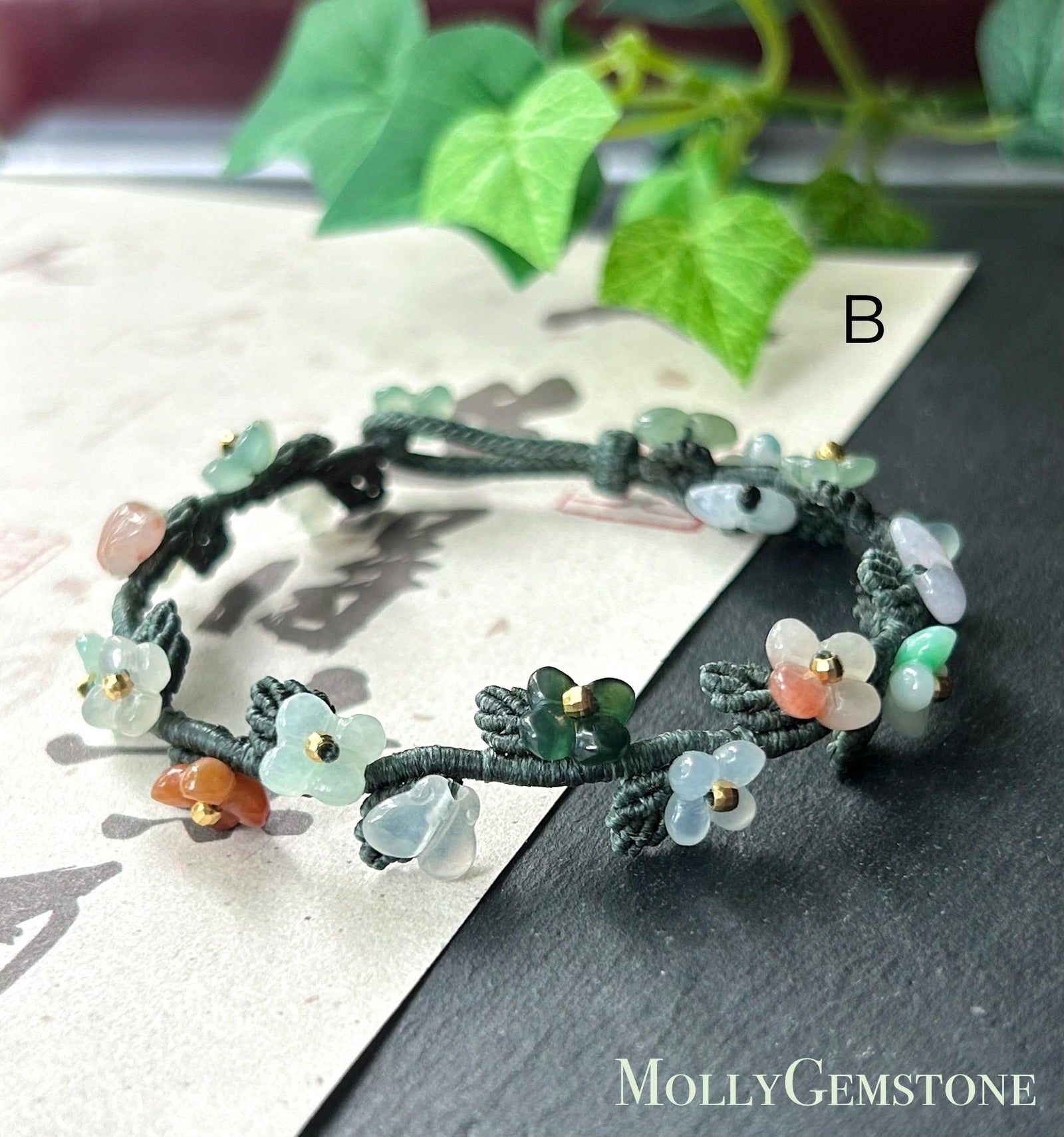 Natural Jadeite Butterfly Flower Bracelet Burmese Type A Highly Translucent Icy Multicolor Jade | Handwoven Artisan Botanical Jewelry
