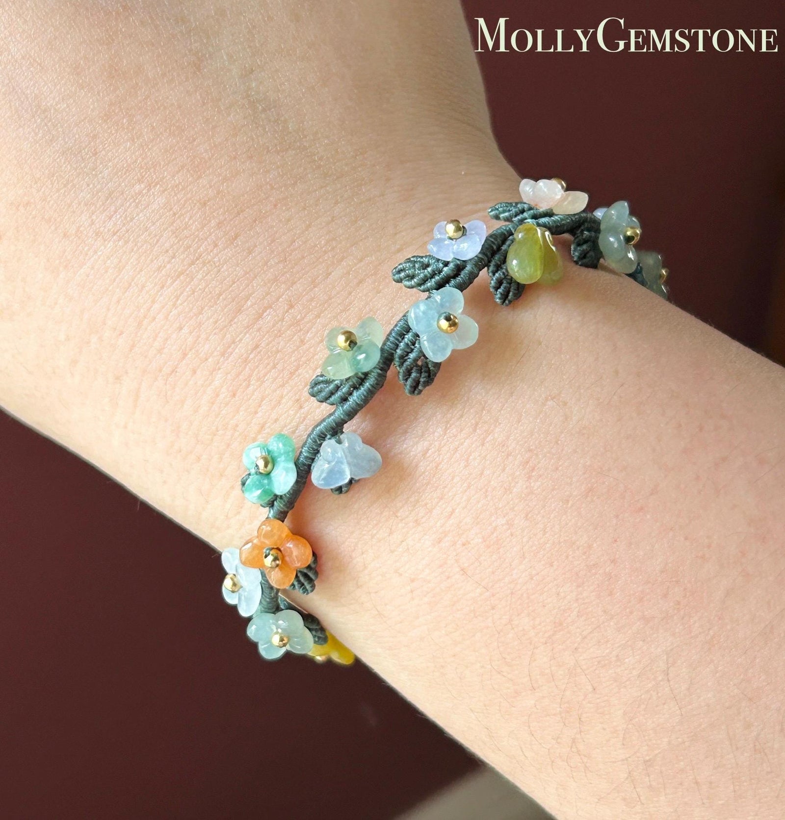 Natural Jadeite Butterfly Flower Bracelet Burmese Type A Highly Translucent Icy Multicolor Jade | Handwoven Artisan Botanical Jewelry