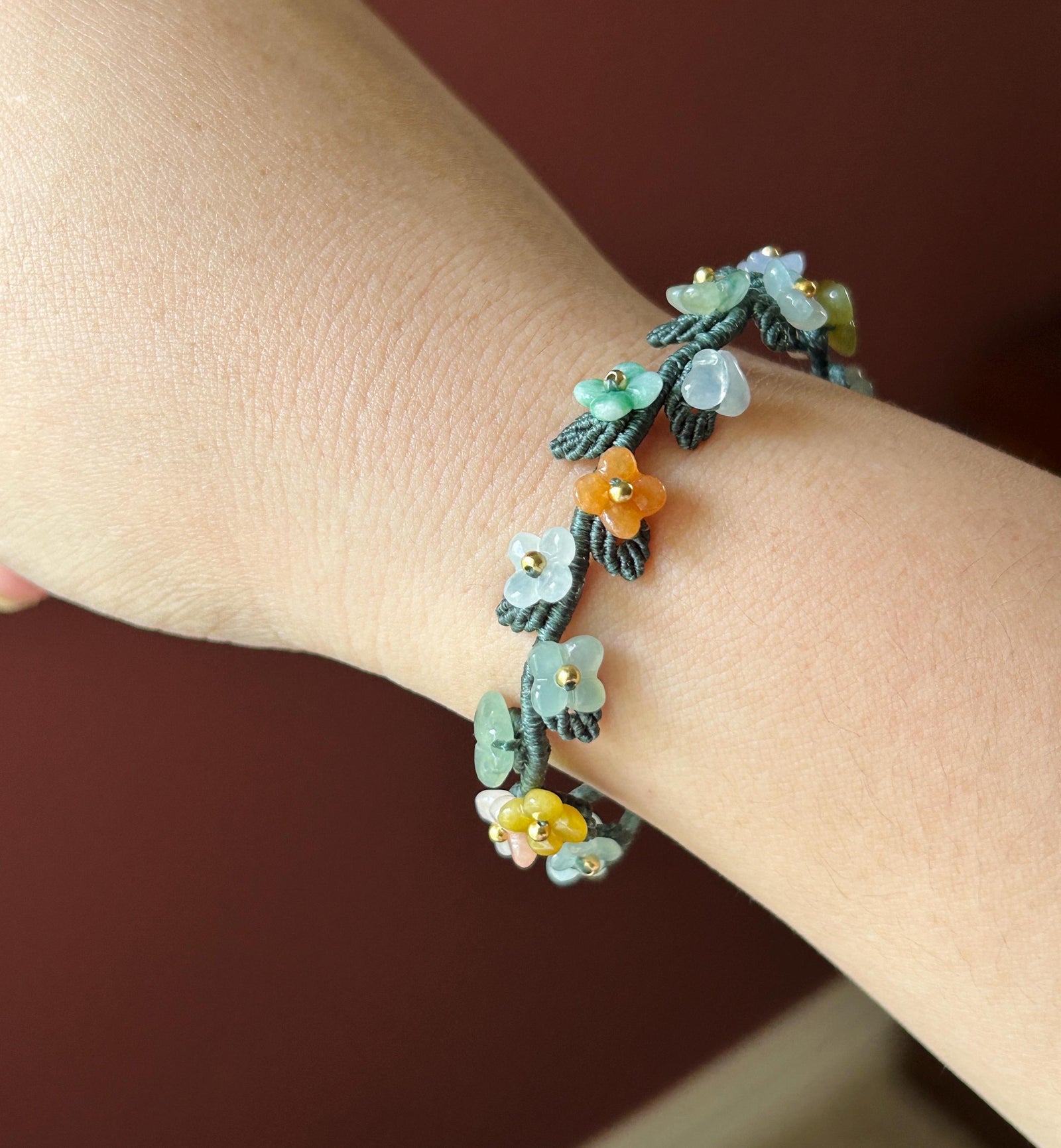 Natural Jadeite Butterfly Flower Bracelet Burmese Type A Highly Translucent Icy Multicolor Jade | Handwoven Artisan Botanical Jewelry