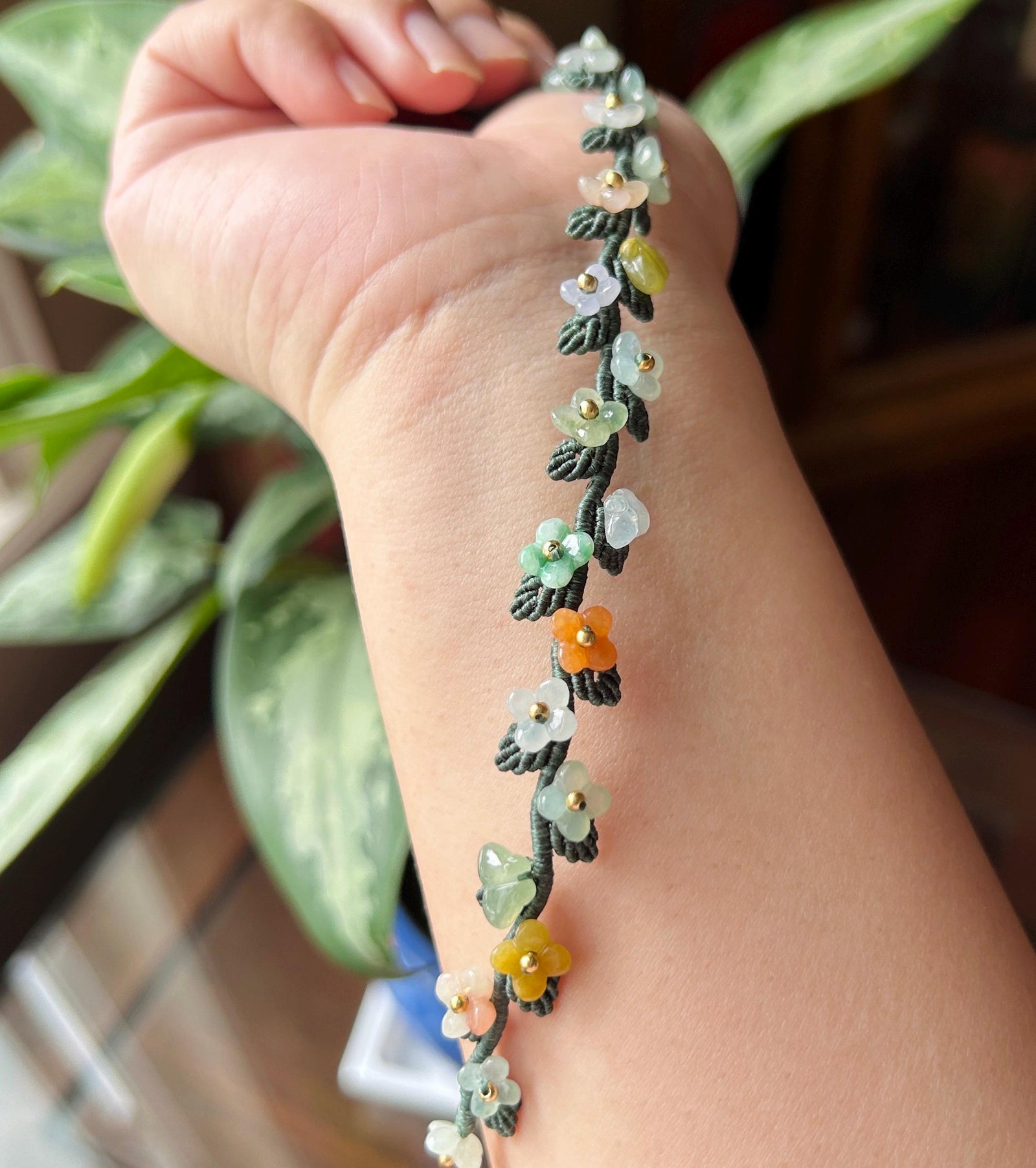 Natural Jadeite Butterfly Flower Bracelet Burmese Type A Highly Translucent Icy Multicolor Jade | Handwoven Artisan Botanical Jewelry