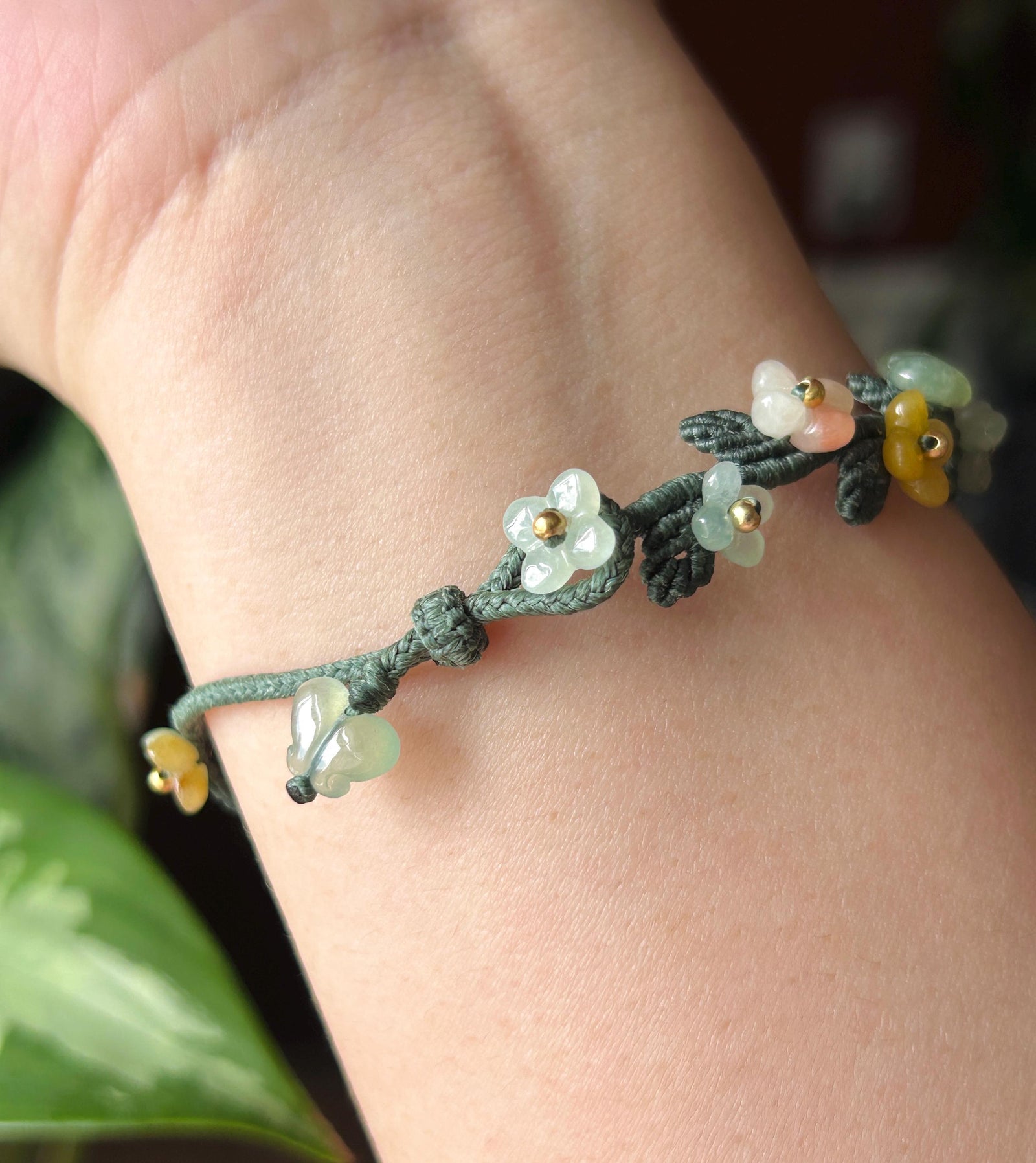 Natural Jadeite Butterfly Flower Bracelet Burmese Type A Highly Translucent Icy Multicolor Jade | Handwoven Artisan Botanical Jewelry
