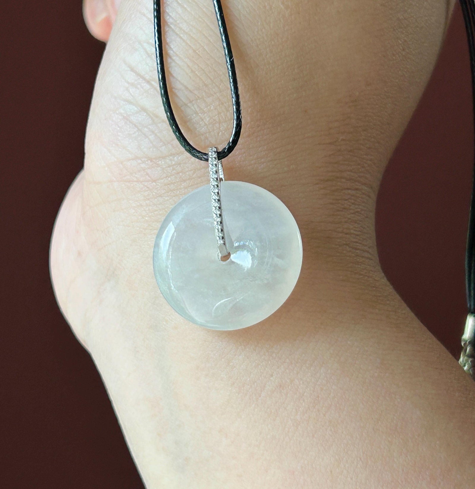 Natural Jadeite Lucky Donut Pendant| Sterling Silver Bail| Burmese Type A Highly Translucent Icy White Jade PingAnKou 23 x 5.6mm
