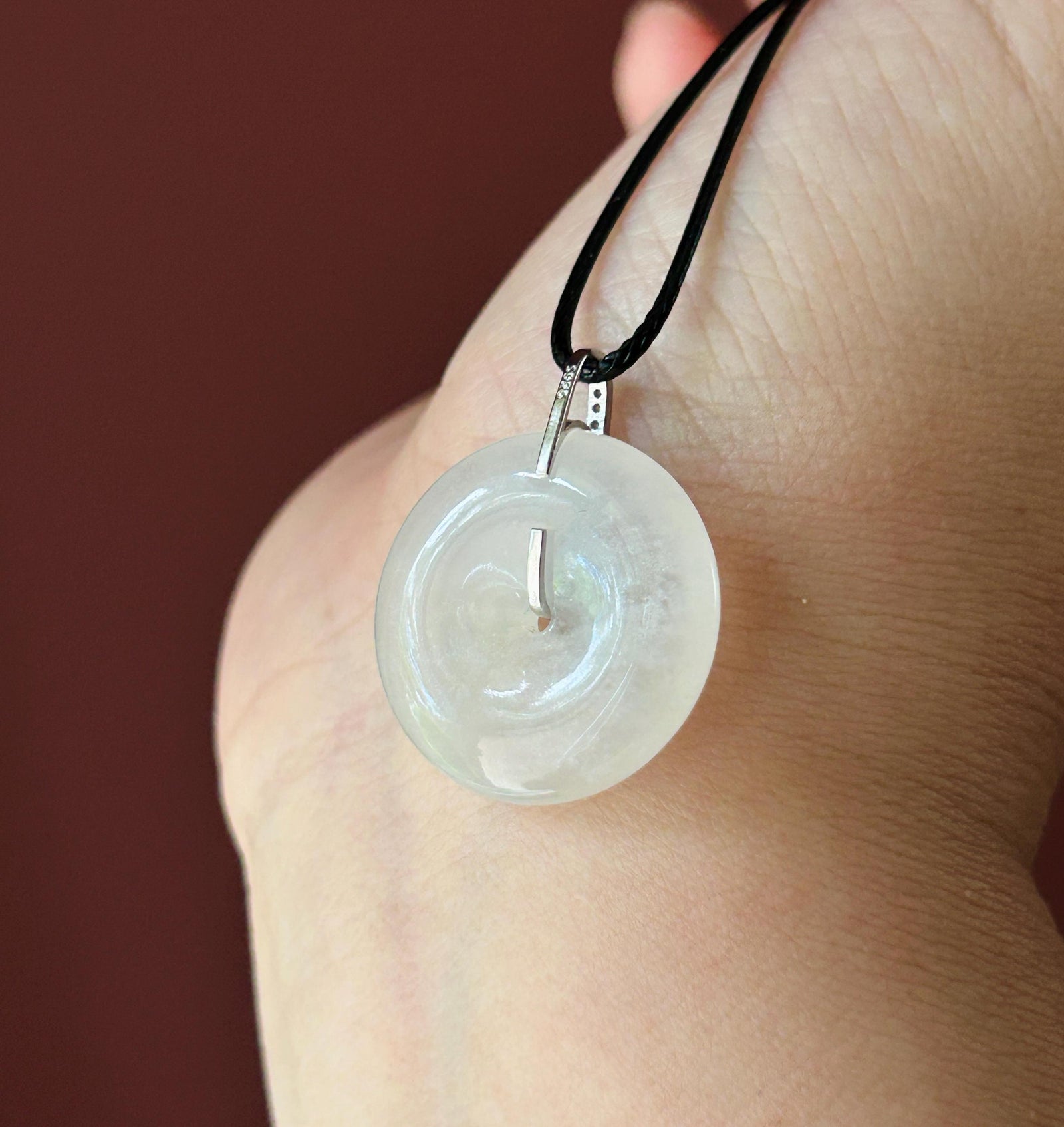 Natural Jadeite Lucky Donut Pendant| Sterling Silver Bail| Burmese Type A Highly Translucent Icy White Jade PingAnKou 23 x 5.6mm