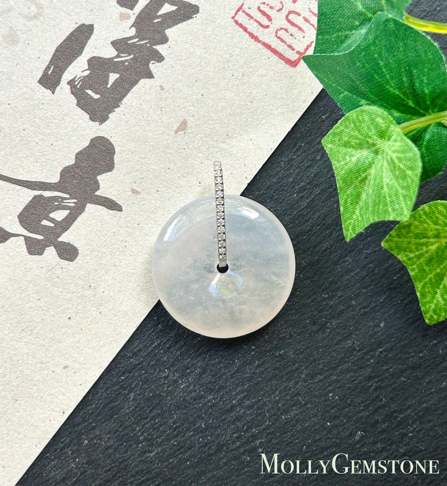 Natural Jadeite Lucky Donut Pendant| Sterling Silver Bail| Burmese Type A Highly Translucent Icy White Jade PingAnKou 23 x 5.6mm