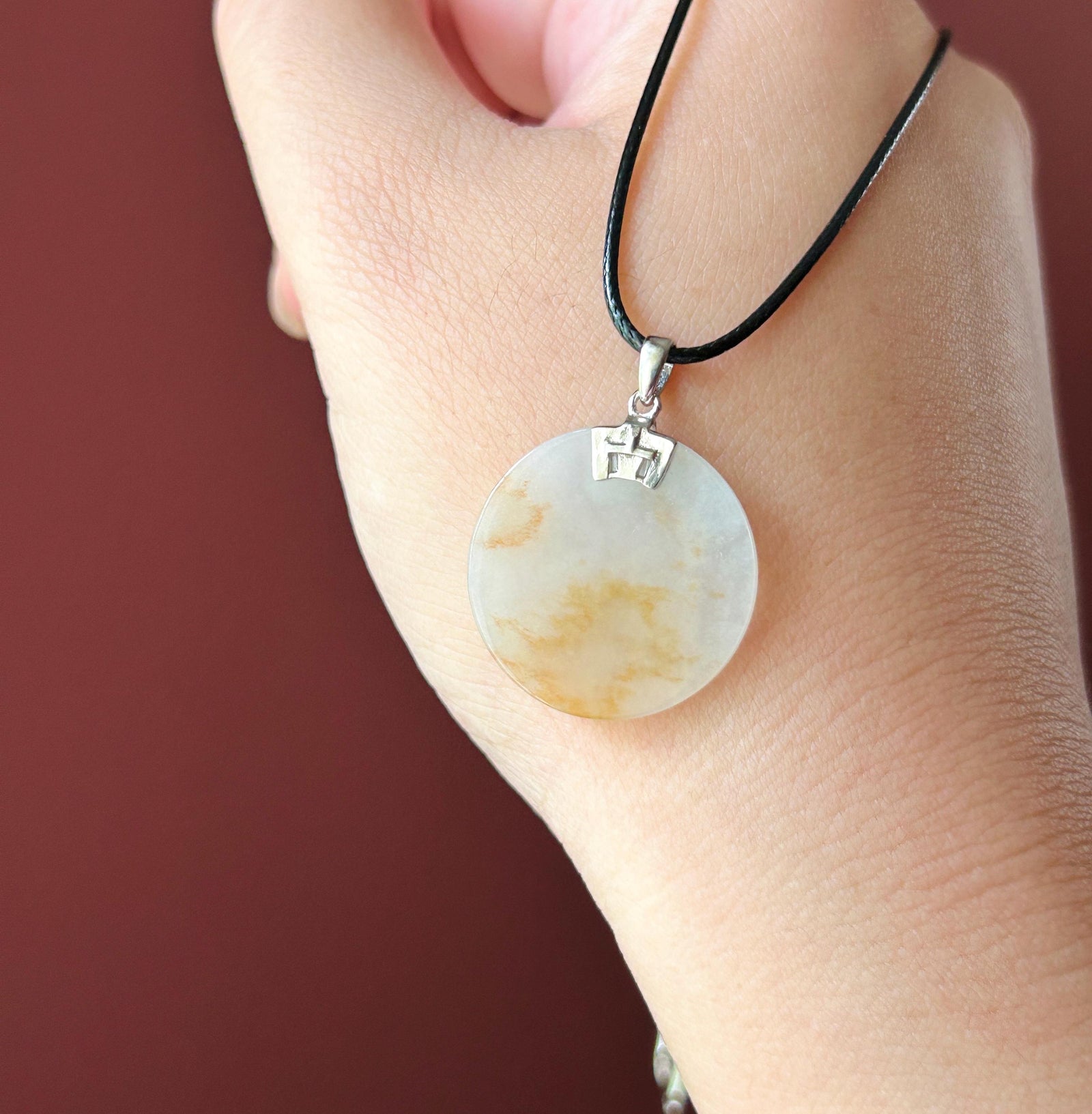 Natural Jadeite Peace Plaque Pendant| Sterling Silver Bail| Burmese Type A Translucent Icy White & Red Floral Jade