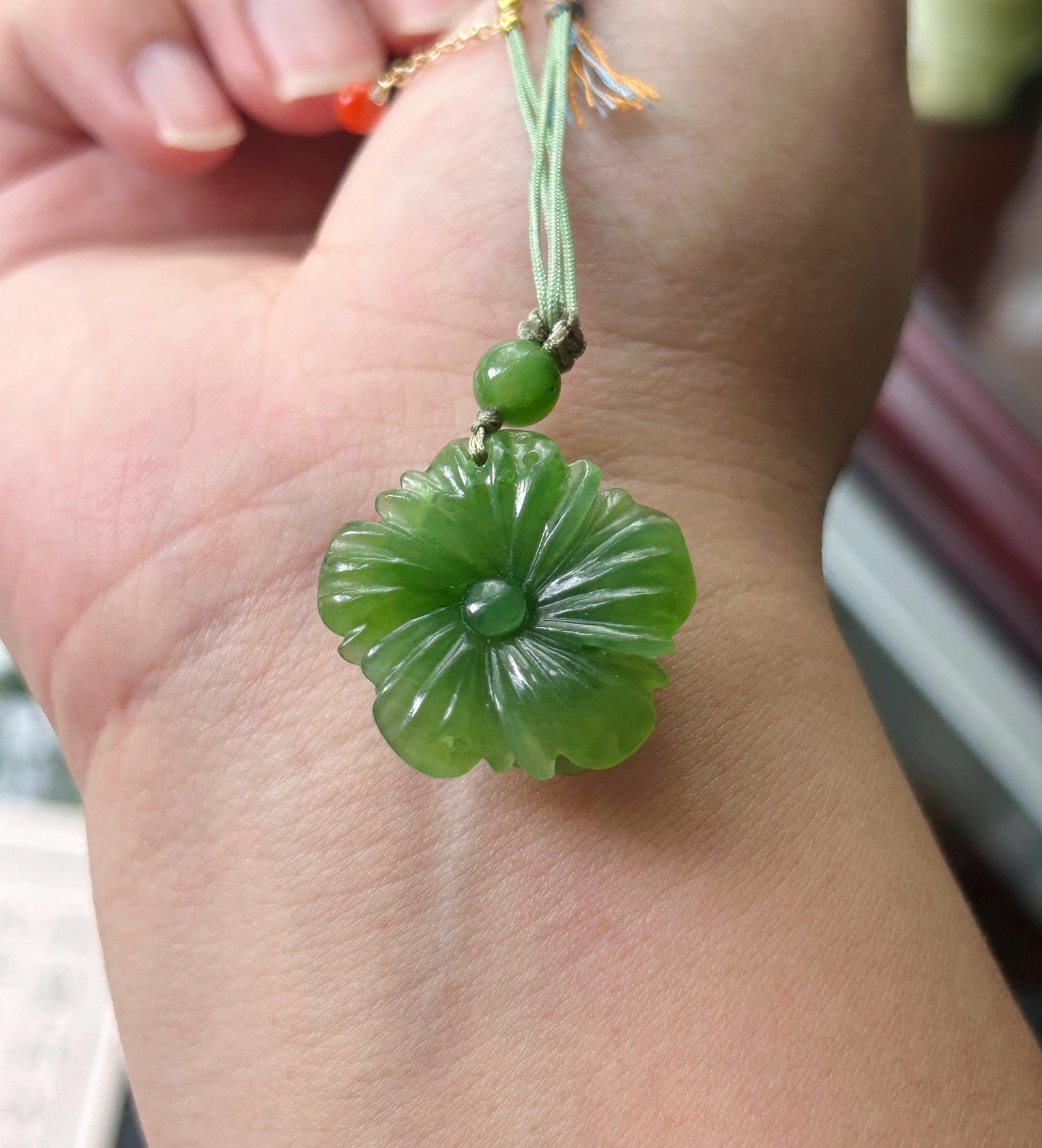 Natural Vivid Apple Green Nephrite Jade Peony Flower Pendant | Hand Carved Jade Necklace | Prosperity Amulet