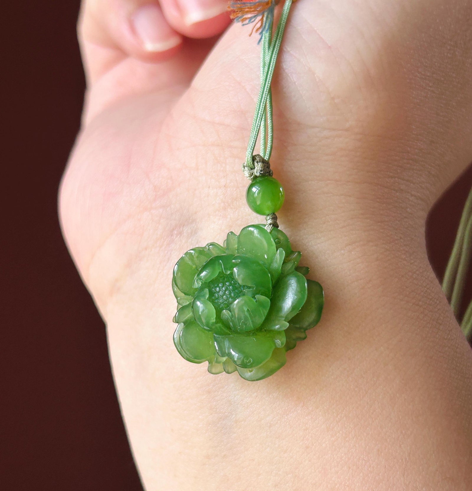 Natural Vivid Apple Green Nephrite Jade Peony Flower Pendant | Hand Carved Jade Necklace | Prosperity Amulet
