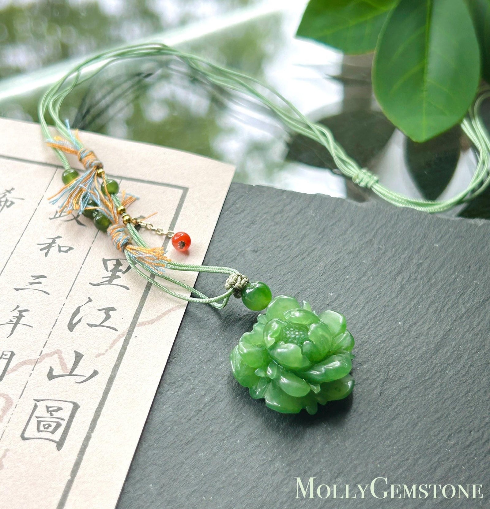 Natural Vivid Apple Green Nephrite Jade Peony Flower Pendant | Hand Carved Jade Necklace | Prosperity Amulet