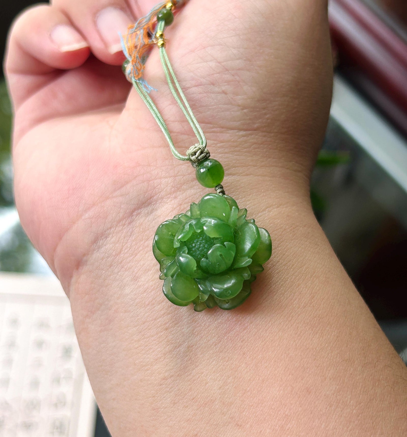 Natural Vivid Apple Green Nephrite Jade Peony Flower Pendant | Hand Carved Jade Necklace | Prosperity Amulet
