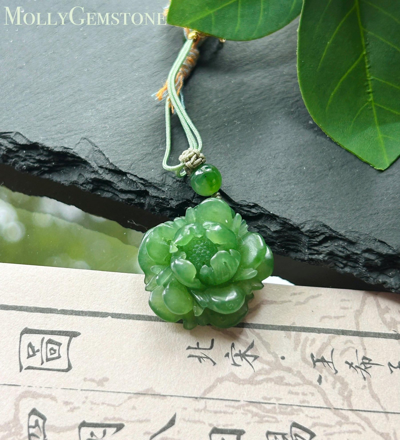 Natural Vivid Apple Green Nephrite Jade Peony Flower Pendant | Hand Carved Jade Necklace | Prosperity Amulet