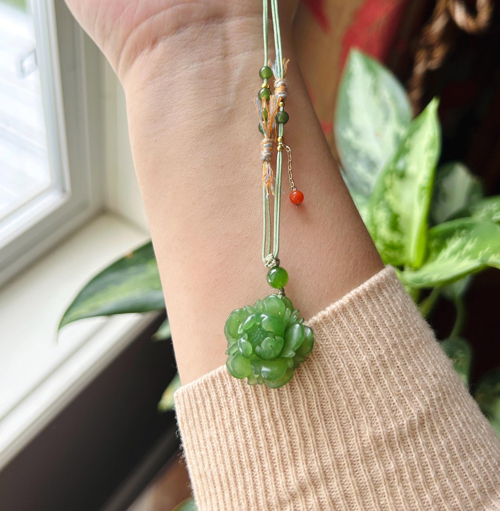 Natural Vivid Apple Green Nephrite Jade Peony Flower Pendant | Hand Carved Jade Necklace | Prosperity Amulet