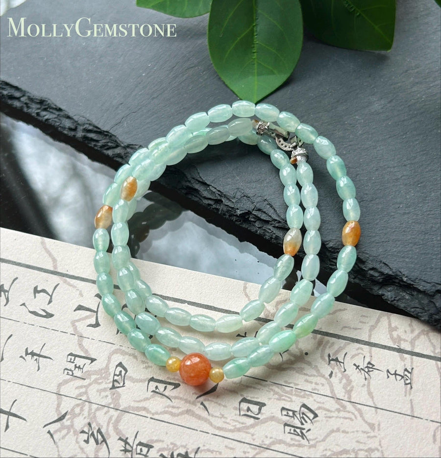 Certified Natural Jadeite Beaded Stacked Bracelet/Necklace Jewelry Burmese Type A Highly Translucent Icy Pale Green Jade Rice Beads 4mm