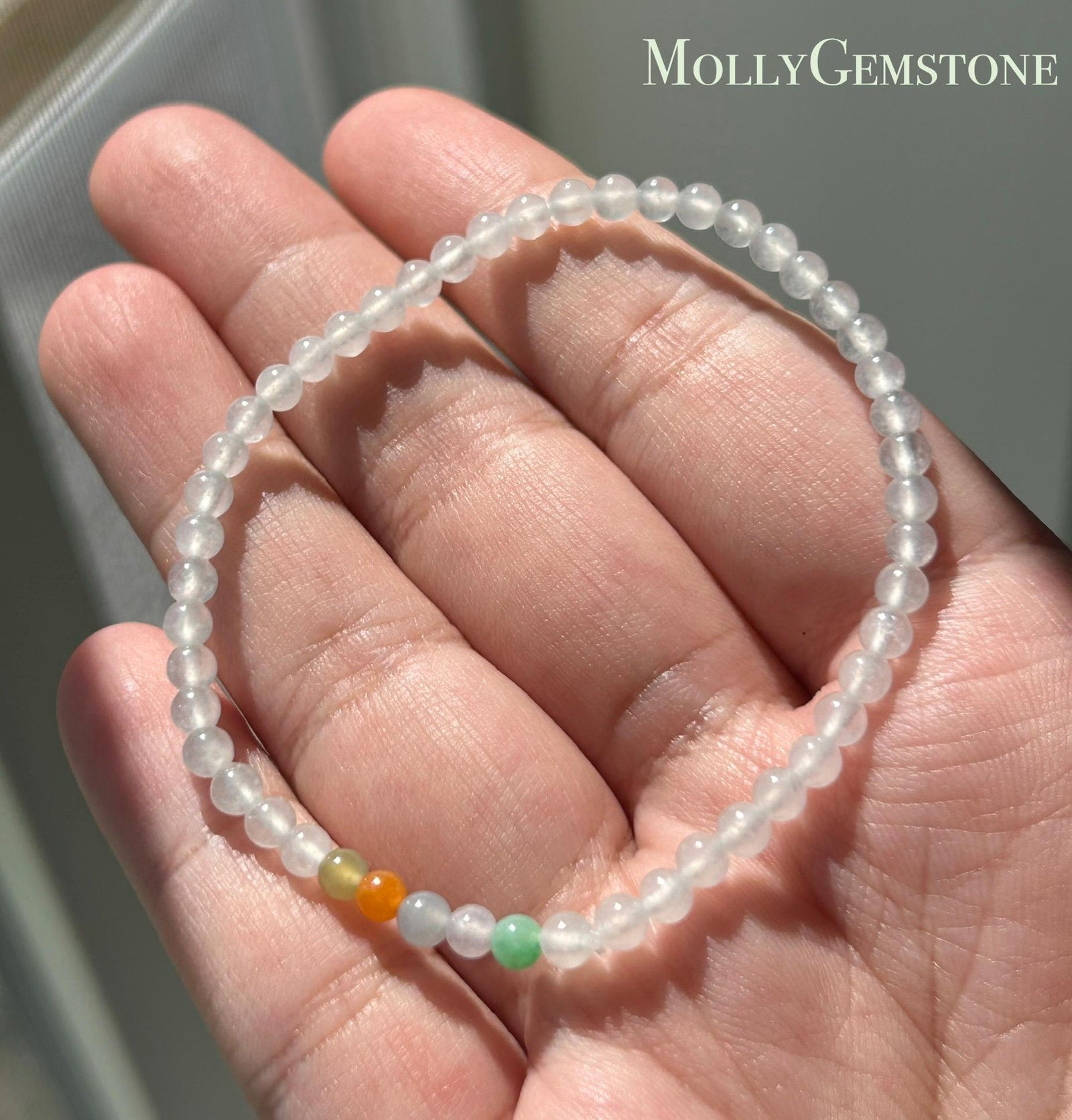Natural Jadeite Beaded Bracelet – Burmese Type A Highly Translucent Icy Moonlight White Jade, 3.6mm, Minimalist Jewelry