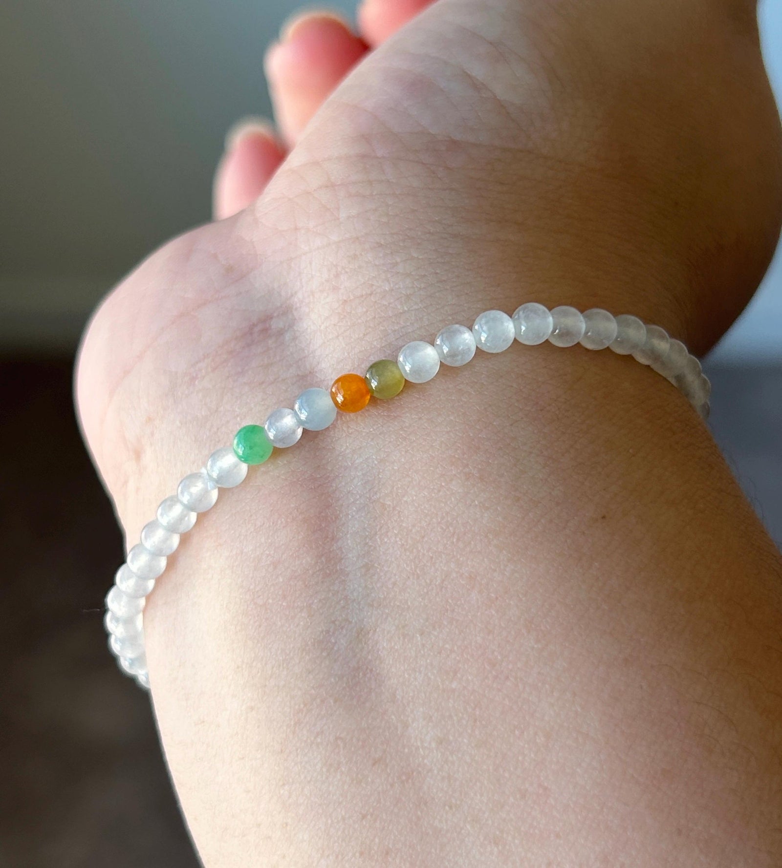 Natural Jadeite Beaded Bracelet – Burmese Type A Highly Translucent Icy Moonlight White Jade, 3.6mm, Minimalist Jewelry
