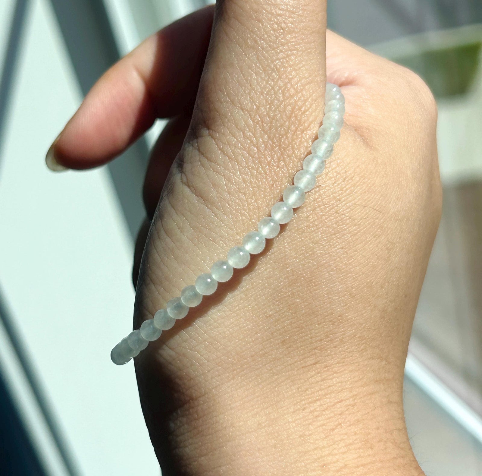 Natural Jadeite Beaded Bracelet – Burmese Type A Highly Translucent Icy Moonlight White Jade, 3.6mm, Minimalist Jewelry