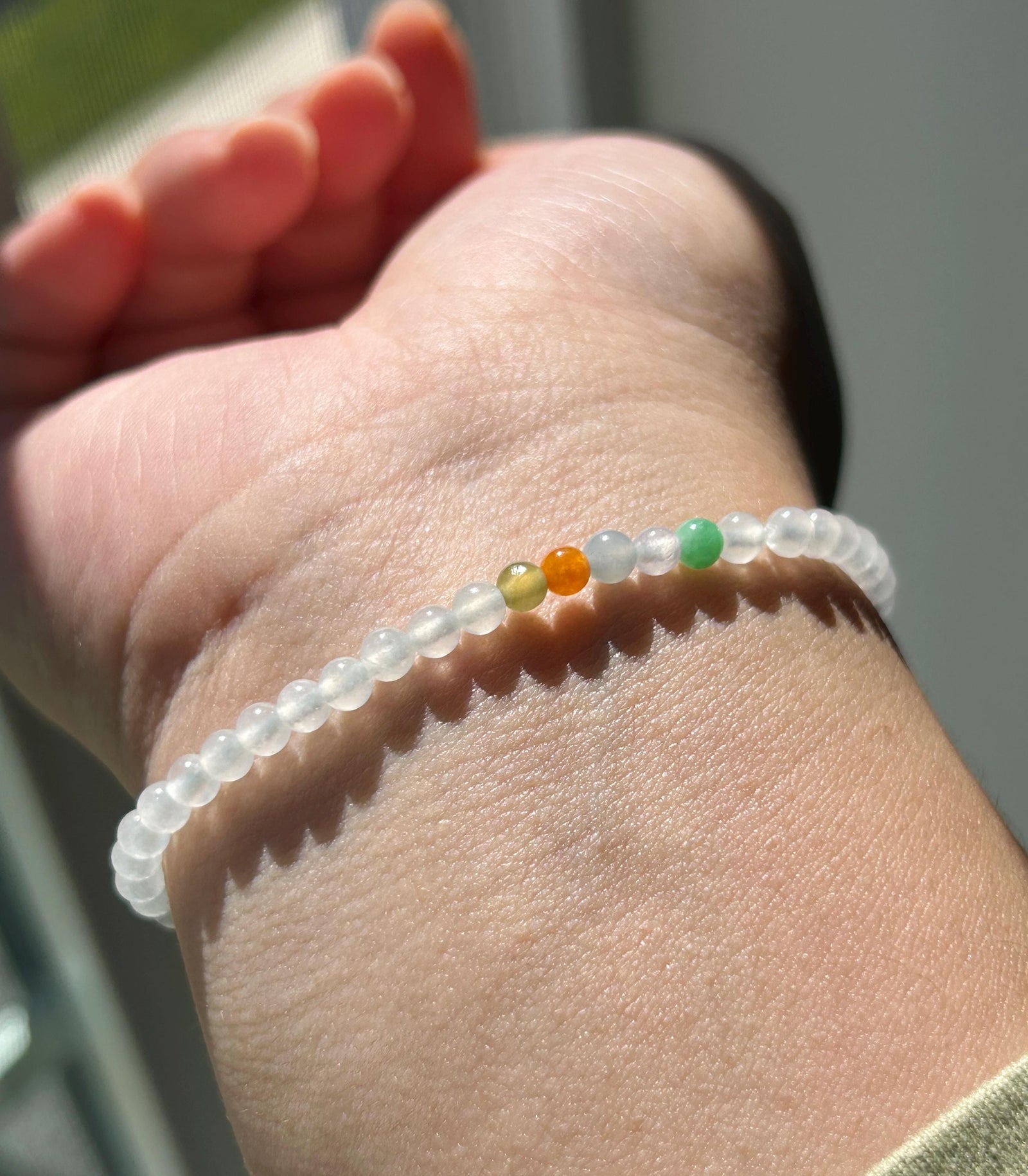 Natural Jadeite Beaded Bracelet – Burmese Type A Highly Translucent Icy Moonlight White Jade, 3.6mm, Minimalist Jewelry
