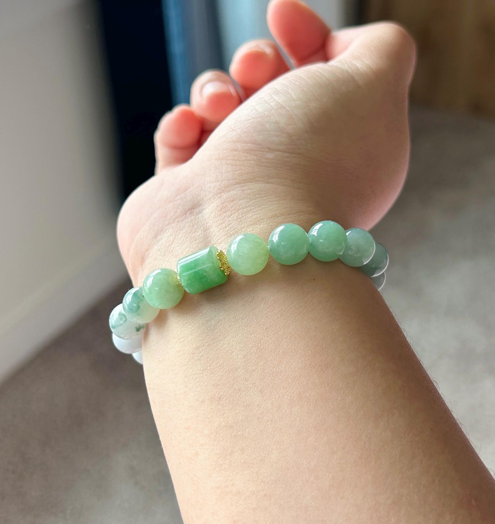Natural Jadeite Beaded Bracelet, Burmese Type A Untreated Icy Translucent Gradient Blue and Green Jade, 9mm