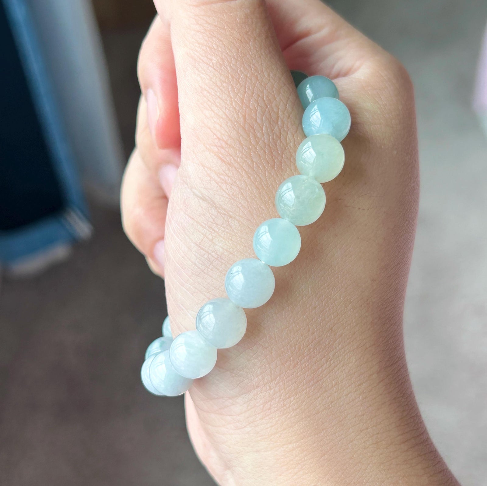 Natural Jadeite Beaded Bracelet, Burmese Type A Untreated Icy Translucent Gradient Blue and Green Jade, 9mm