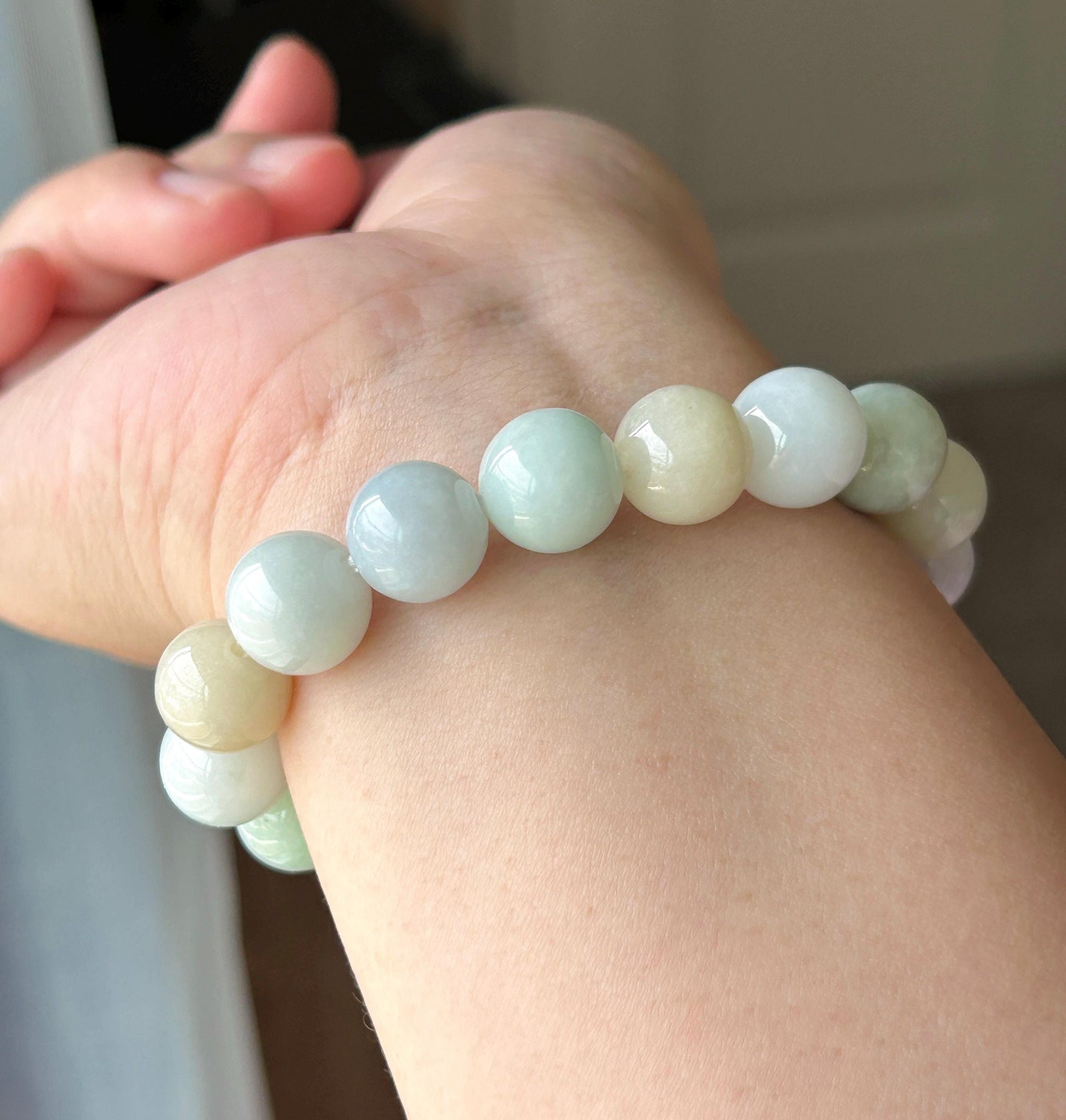 Natural Jadeite Beaded Bracelet, Burmese Type A Untreated Glutinous Pastel Macaron Multicolor Jade, 11.4mm
