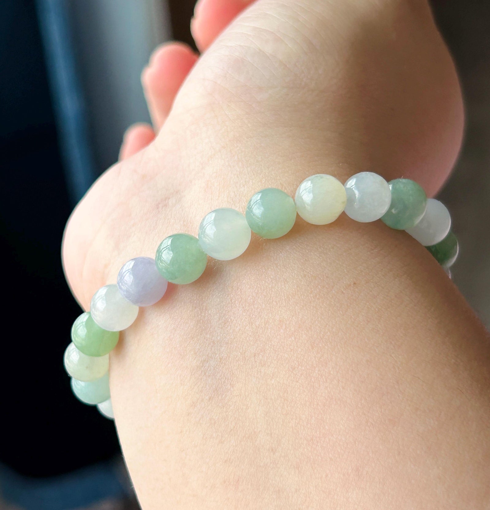 Natural Jadeite Beaded Bracelet, Burmese Type A Untreated Translucent Icy Glutinous Macaron Multicolor Jade, 8mm+