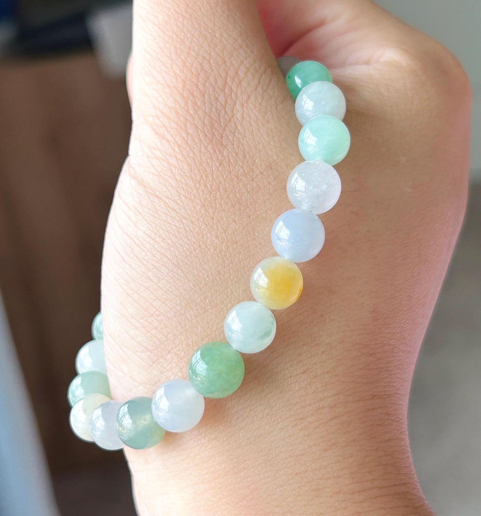 Natural Jadeite Beaded Bracelet, Burmese Type A Untreated Translucent Icy Glutinous Macaron Multicolor Jade, 8mm+