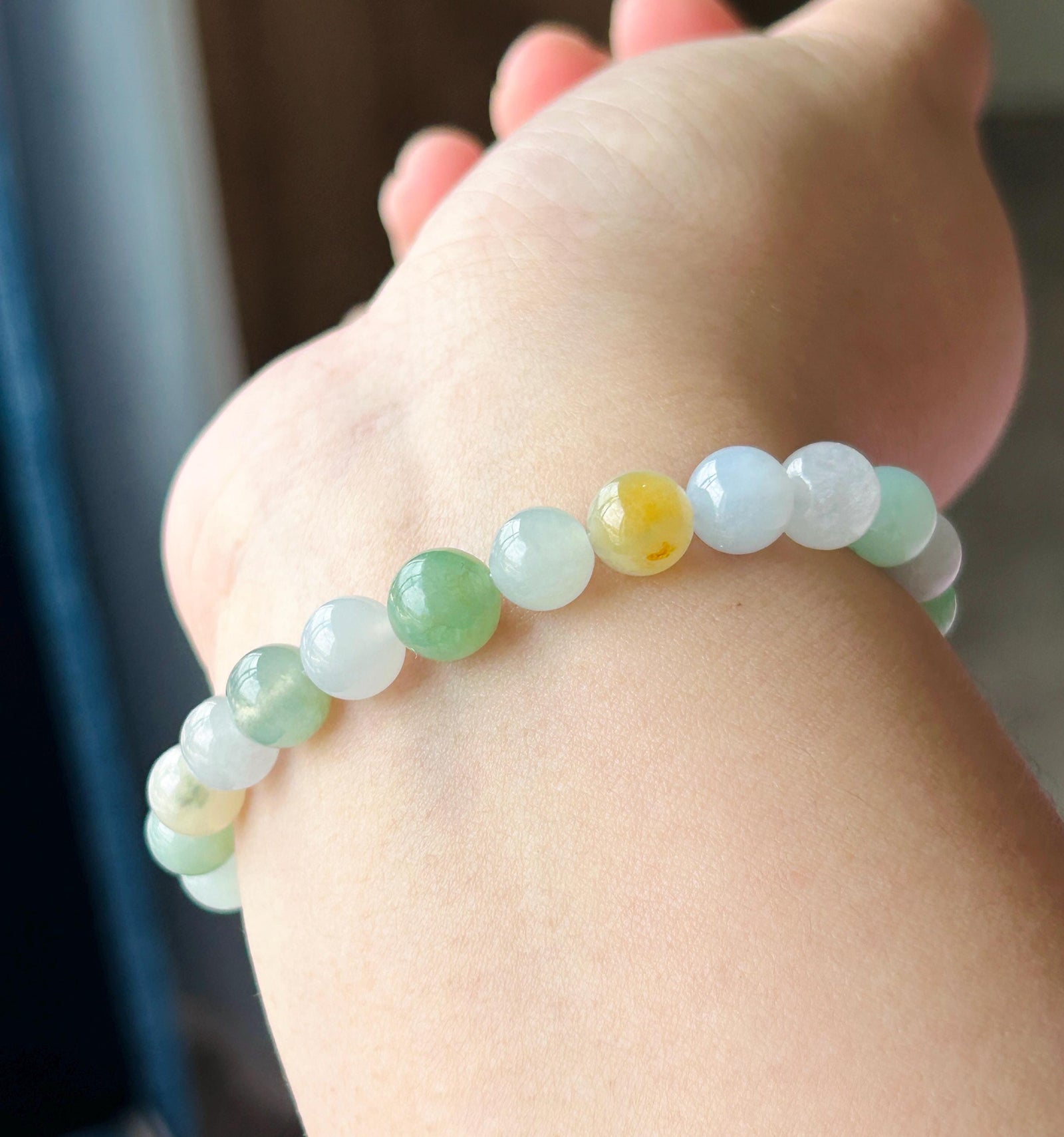 Natural Jadeite Beaded Bracelet, Burmese Type A Untreated Translucent Icy Glutinous Macaron Multicolor Jade, 8mm+