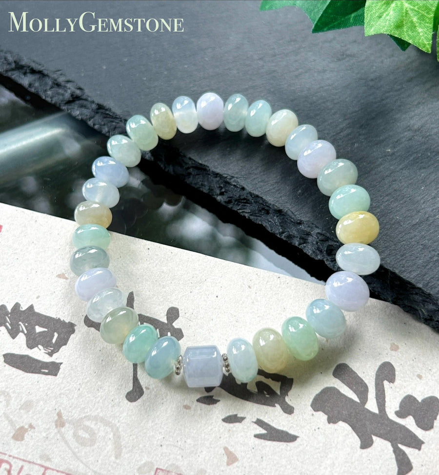 Natural Jadeite Beaded Bracelet, Burmese Type A Untreated Highly Translucent Icy Glutinous Candy Macaron Multicolor Jade, 9.5mm