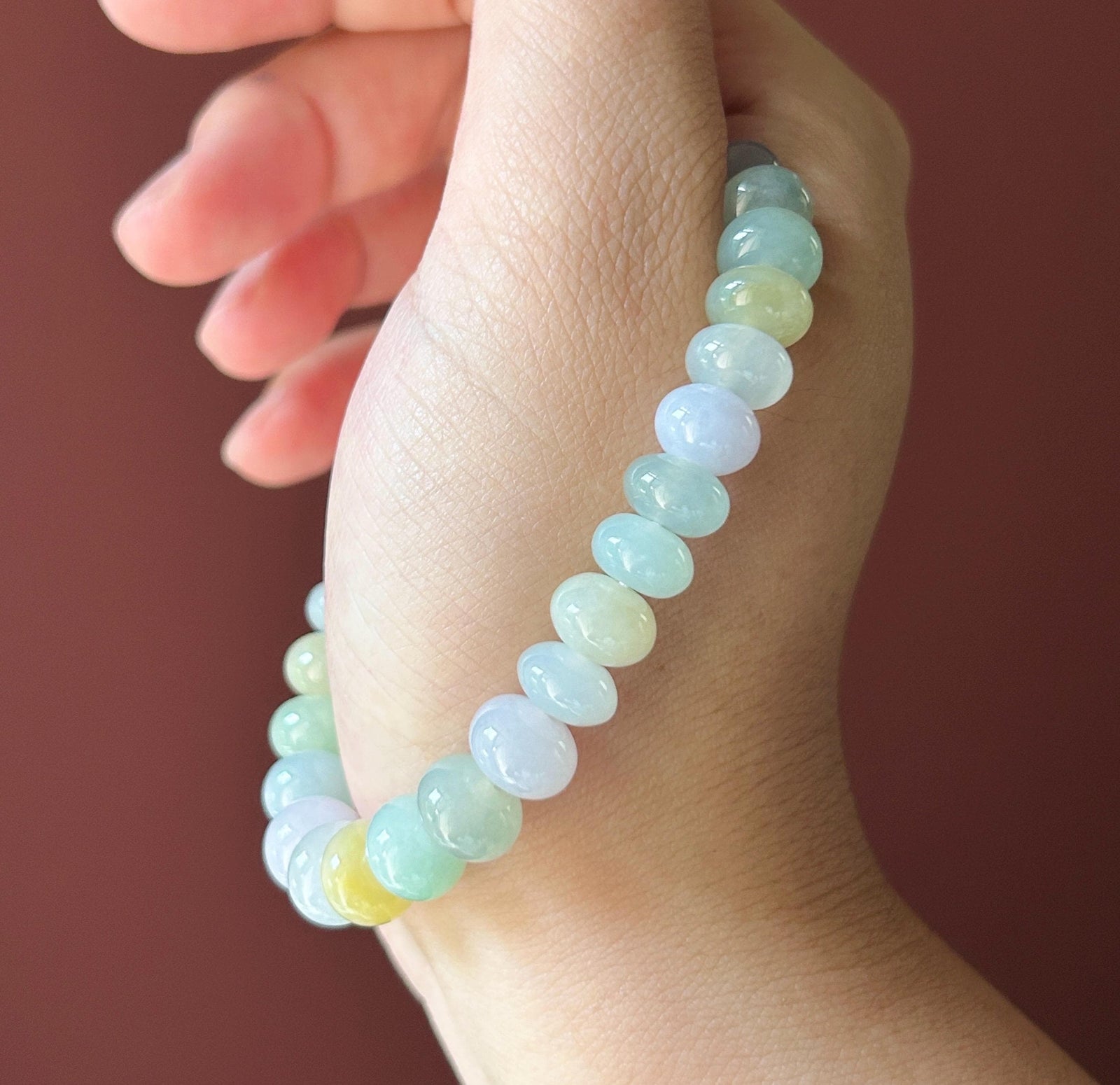 Natural Jadeite Beaded Bracelet, Burmese Type A Untreated Highly Translucent Icy Glutinous Candy Macaron Multicolor Jade, 9.5mm