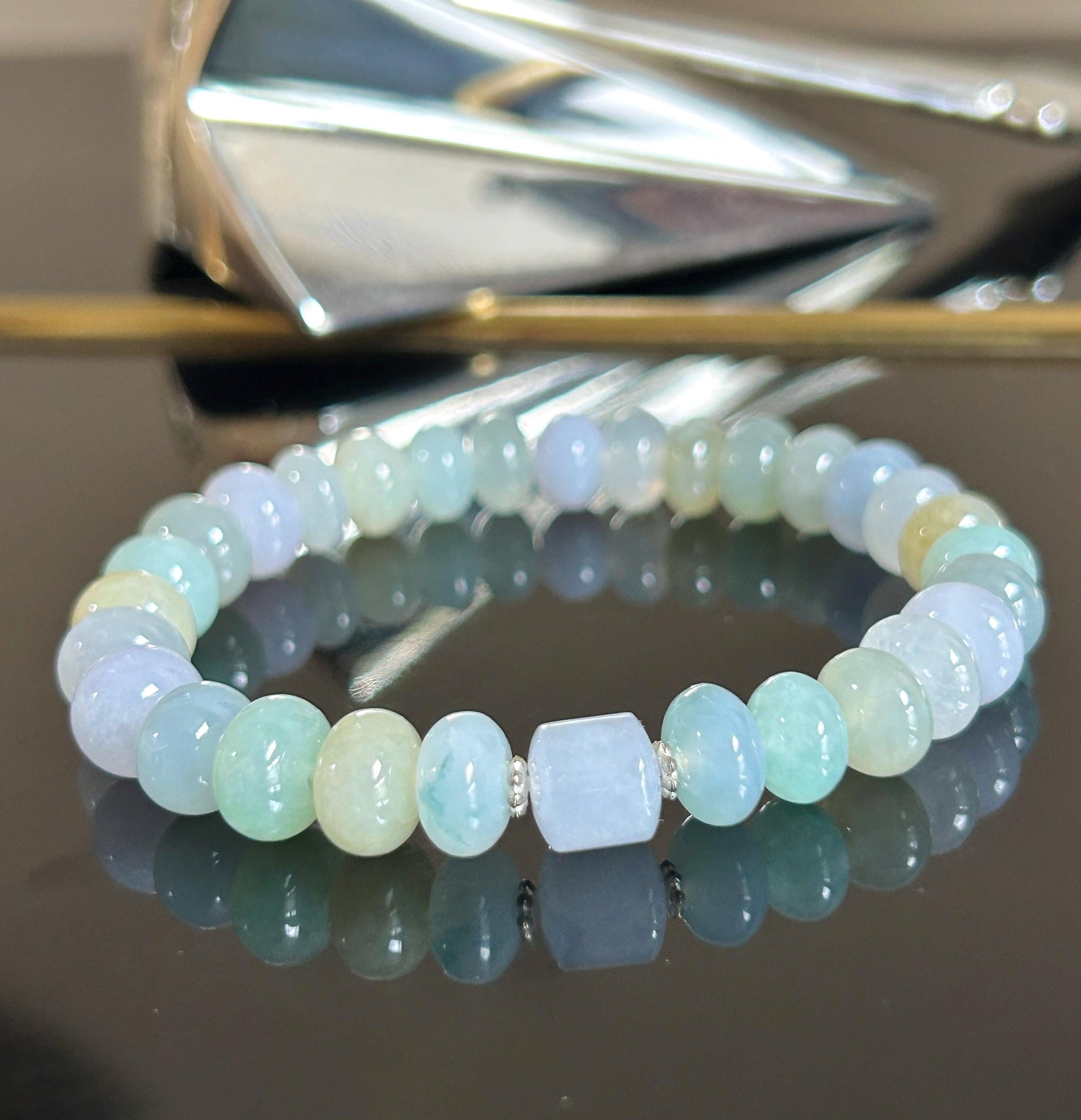 Natural Jadeite Beaded Bracelet, Burmese Type A Untreated Highly Translucent Icy Glutinous Candy Macaron Multicolor Jade, 9.5mm